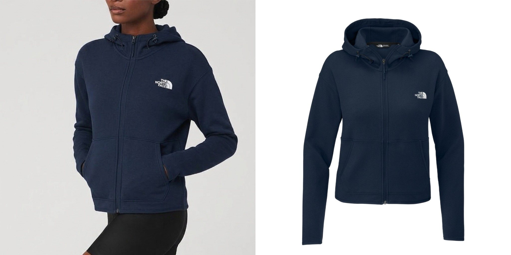 Woman wearing a navy The North Face Double-Knit Full-Zip Hoodie next to a product view of the hooded jacket.