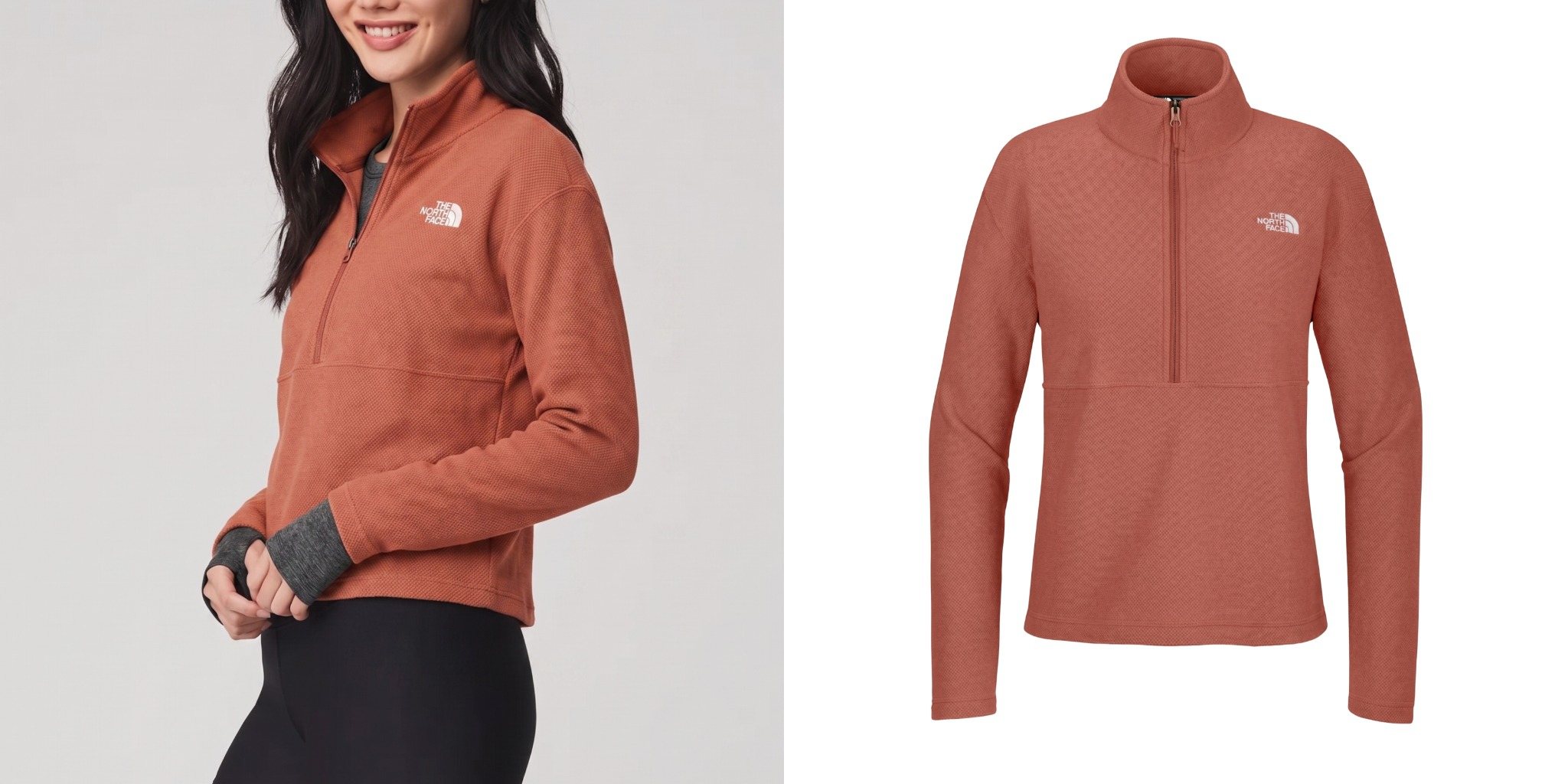 Woman wearing a rust-colored The North Face Textured Pine Grove Half-Zip next to a product view of the pullover.