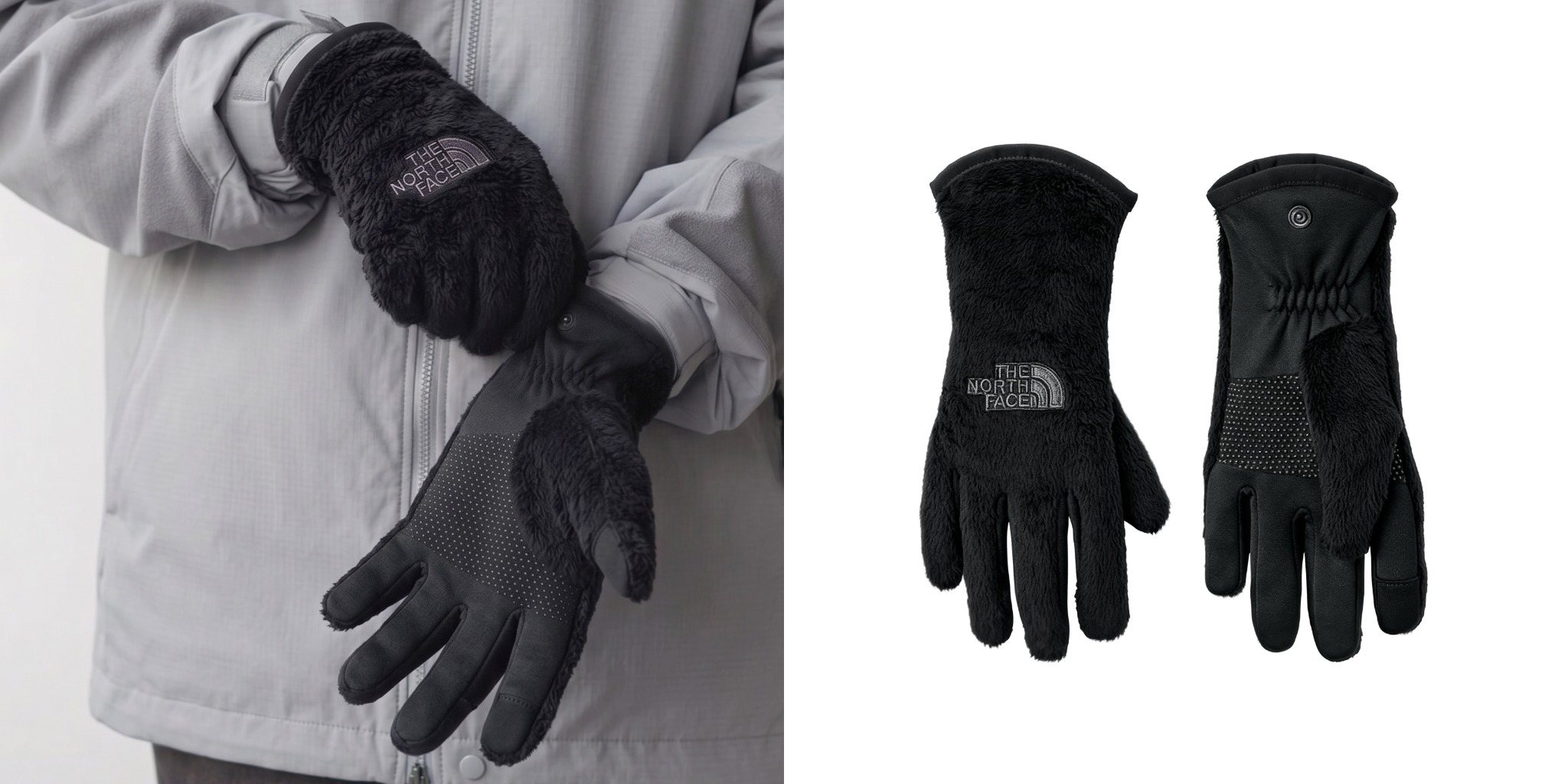 Person wearing black The North Face Etip Recycled Gloves with front and palm product views shown alongside.