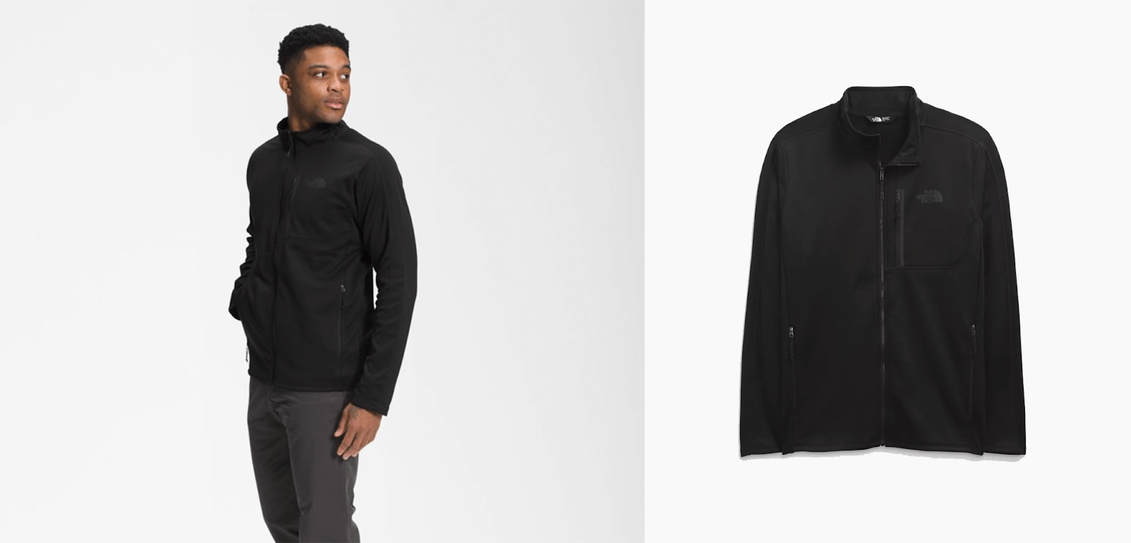 Man wearing a black The North Face Full-Zip next to a product view of the jacket. 