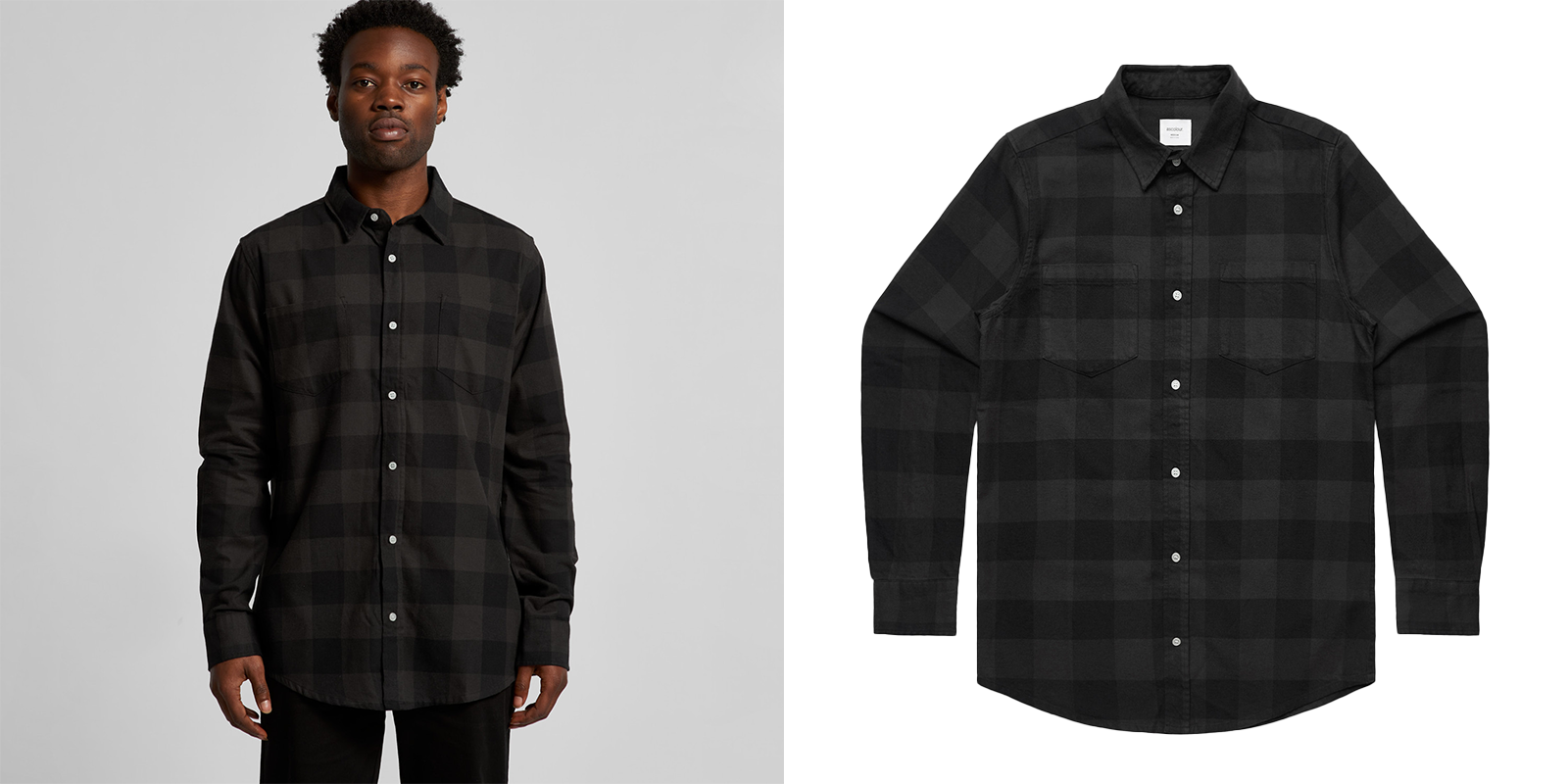 Man wearing a check print button down, long sleeve shirt