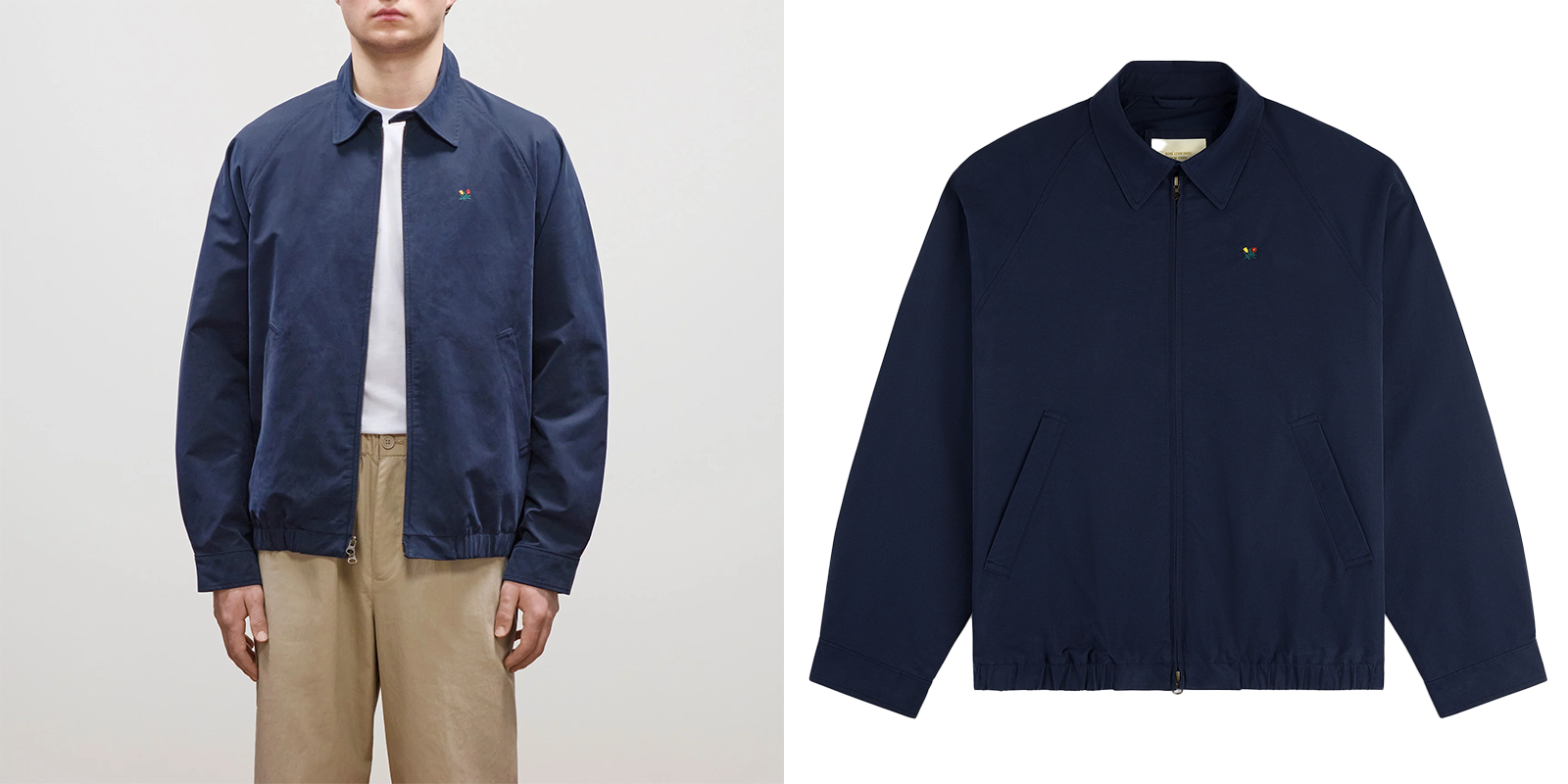 Person wearing a navy blue zip up jacket 