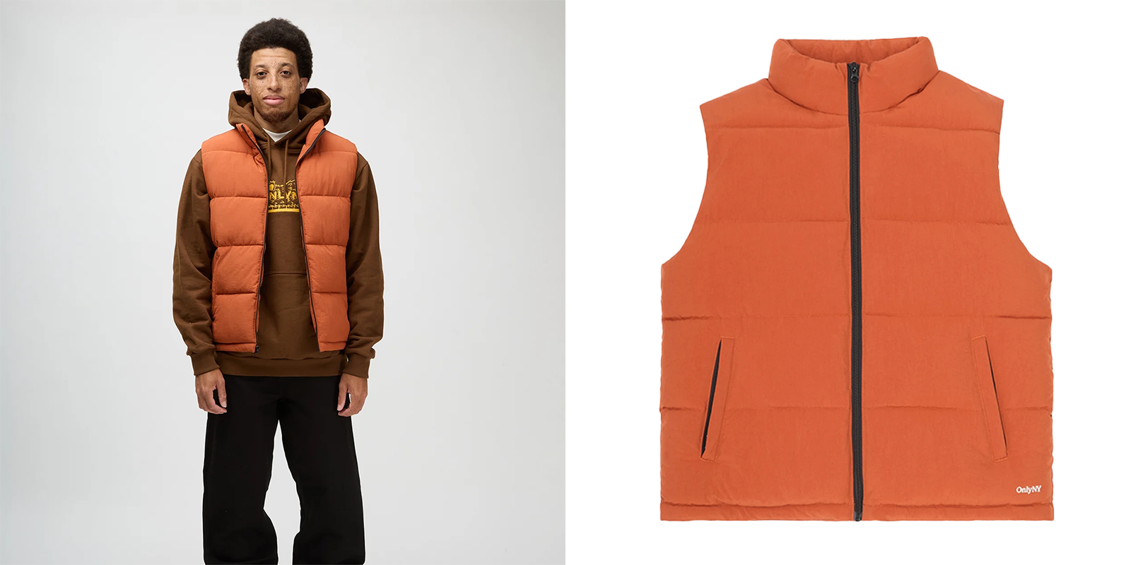Man wearing an orange puffer vest 