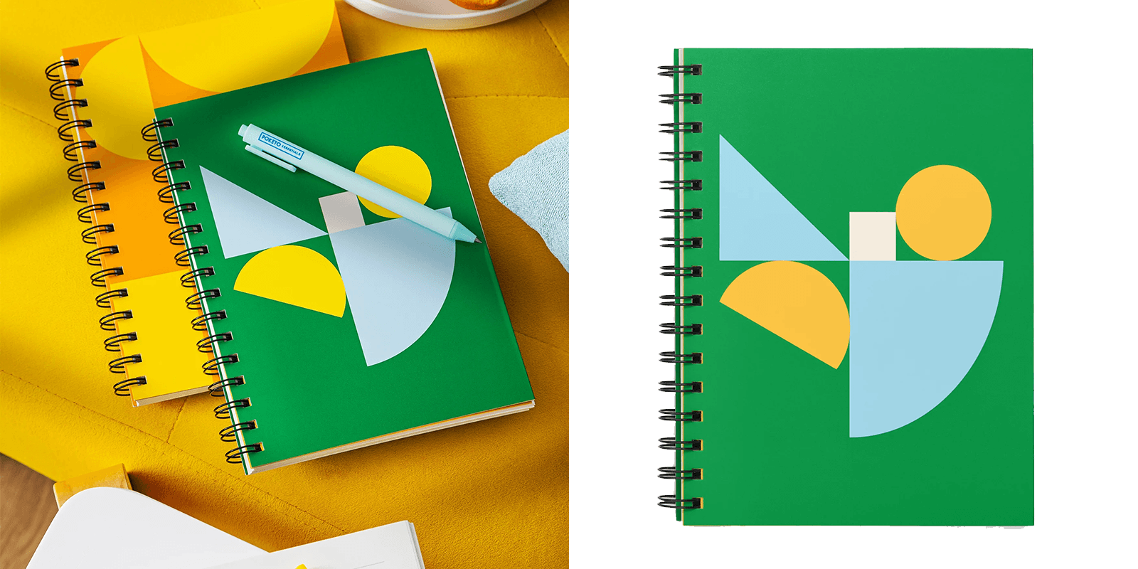 Green and yellow notebooks with geometric pattern