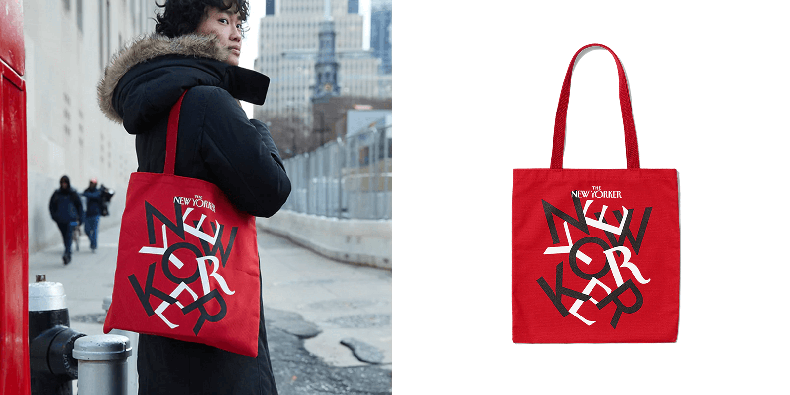 Bright red tote with The New Yorker Logo