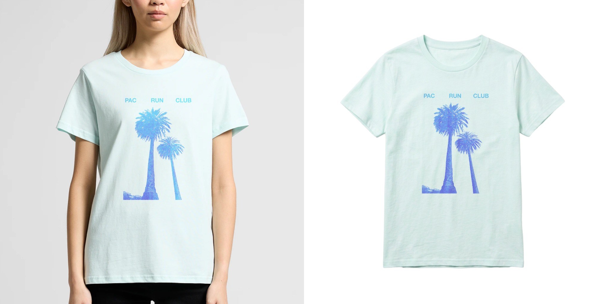 Close up of model wearing a pastel AS Colour tee with customization of palm trees and Pac Run Club on front next to an image of just the product.