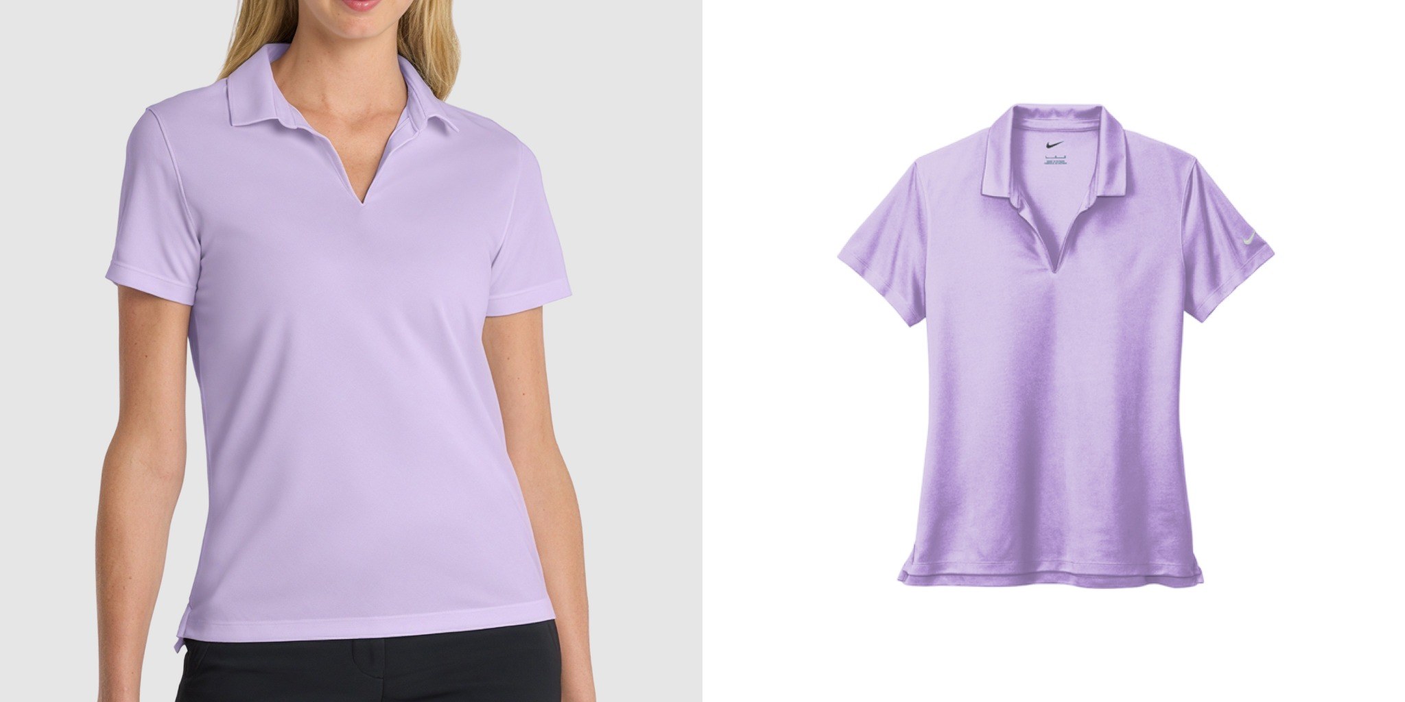 Close up of model wearing a Nike lavender polo next to an image of just the product.