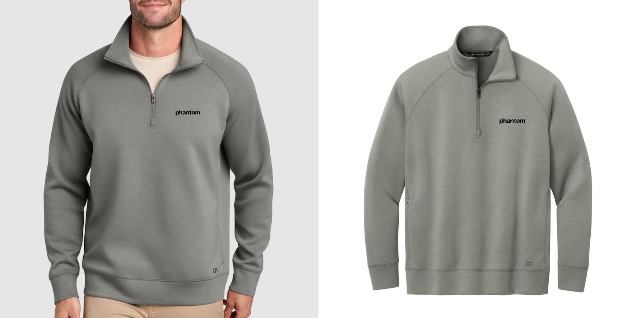 Close up of model wearing a TravisMathew 1/4 zip gray pullover with Phantom logo on front next to an image of just the product.