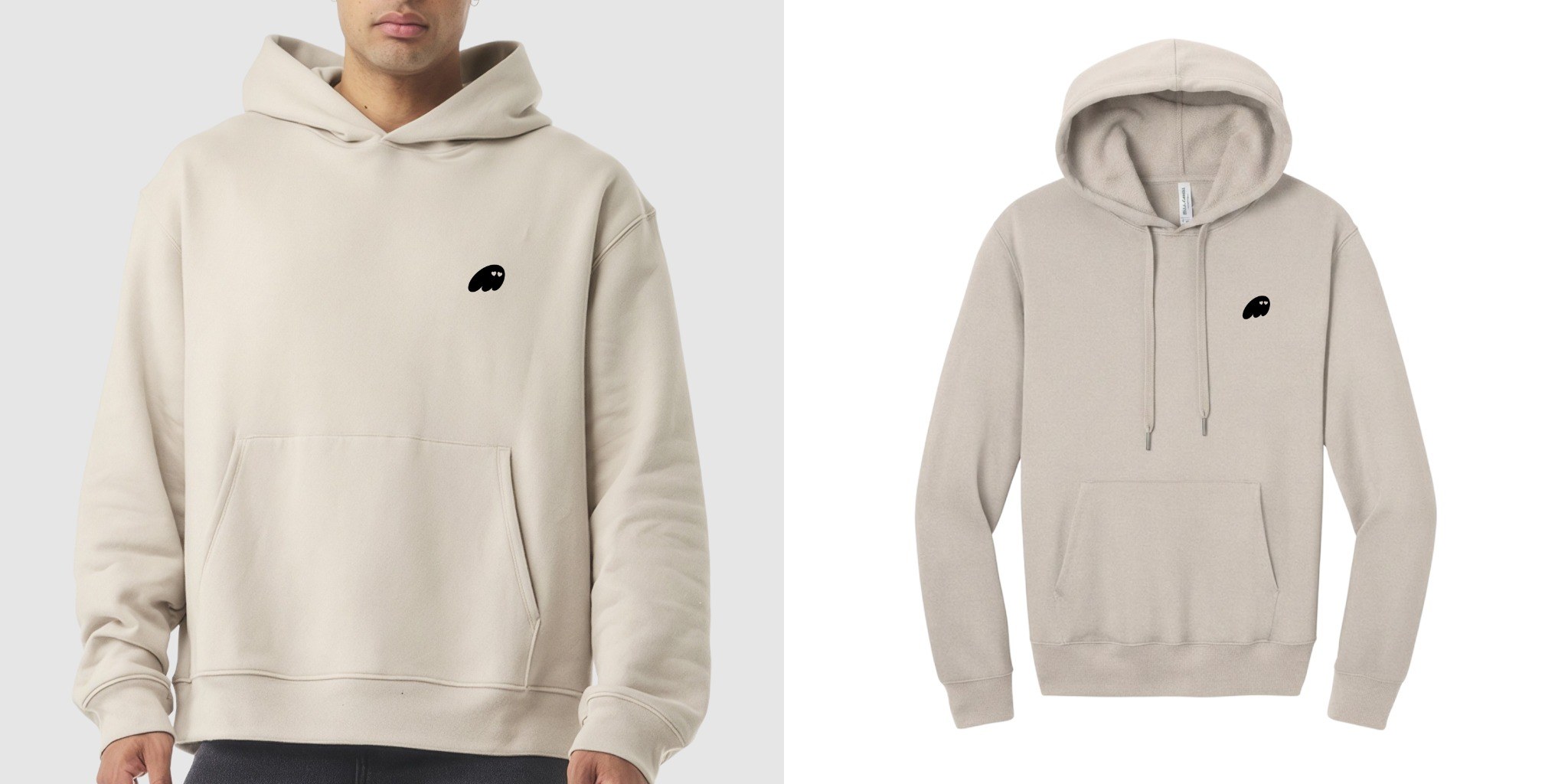Close up of model wearing a off white Bella + Canvas hoodie with front pocket and black Phantom ghost customized on front next to an image of just the product.