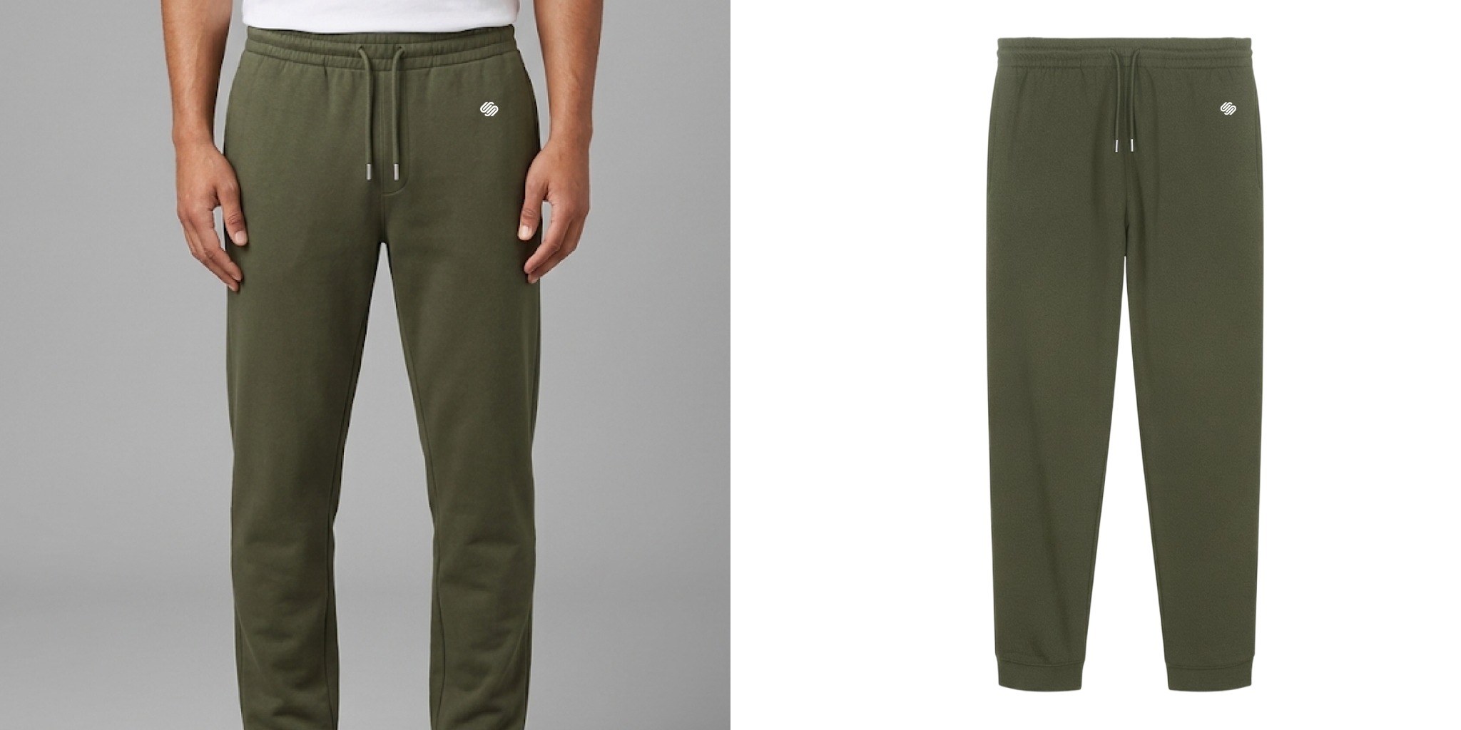 Close up of model wearing green Stanley/Stella joggers with drawstring waist and white SquareSpace logo customized on front next to an image of just the product.