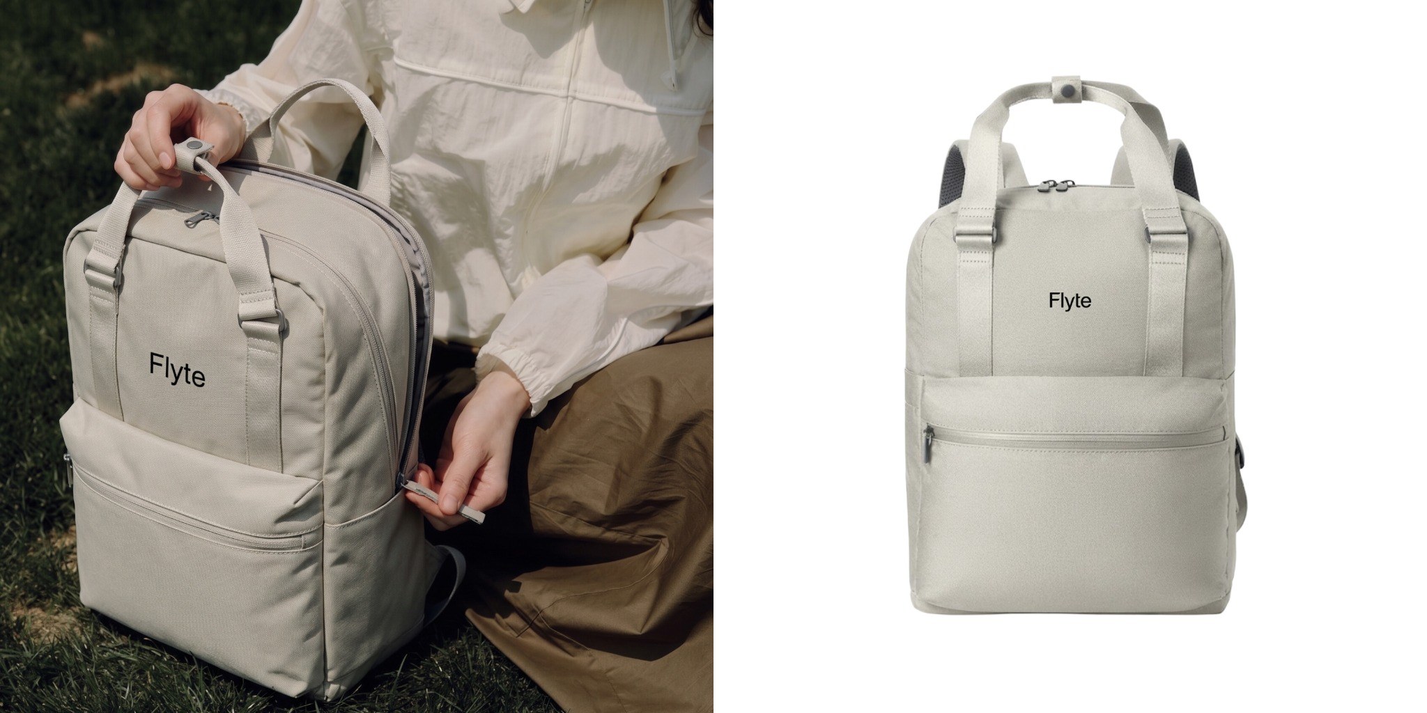 Close up of model holding a gray Mercer+Mettle® Claremont top handle backpack with a black Flyte logo customized on front next to the product.