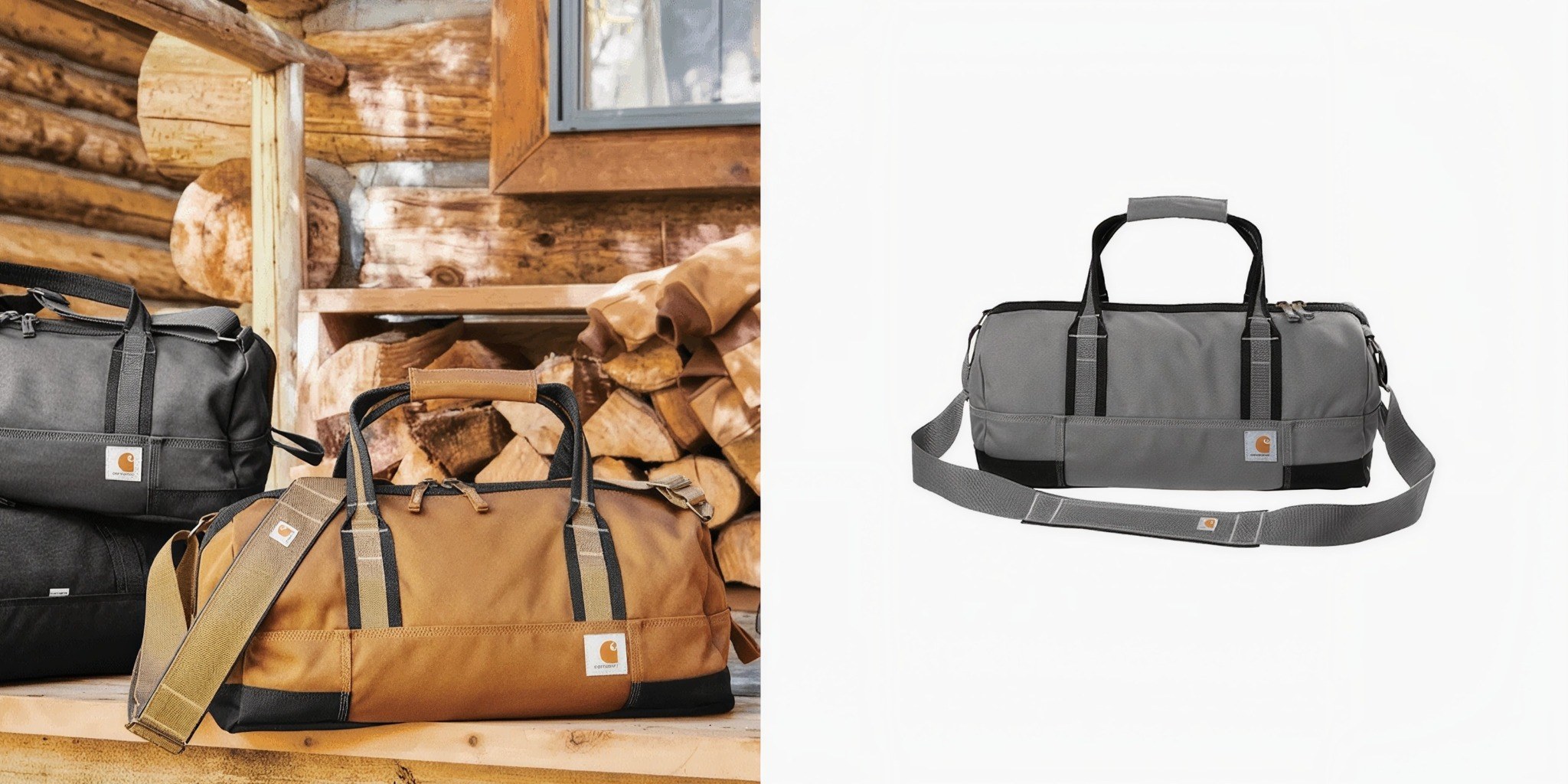 Close up of Carhartt® Foundry Series 20” Duffels in tan, gray and black in front of a pile of firewood next to an image of just the product in gray.