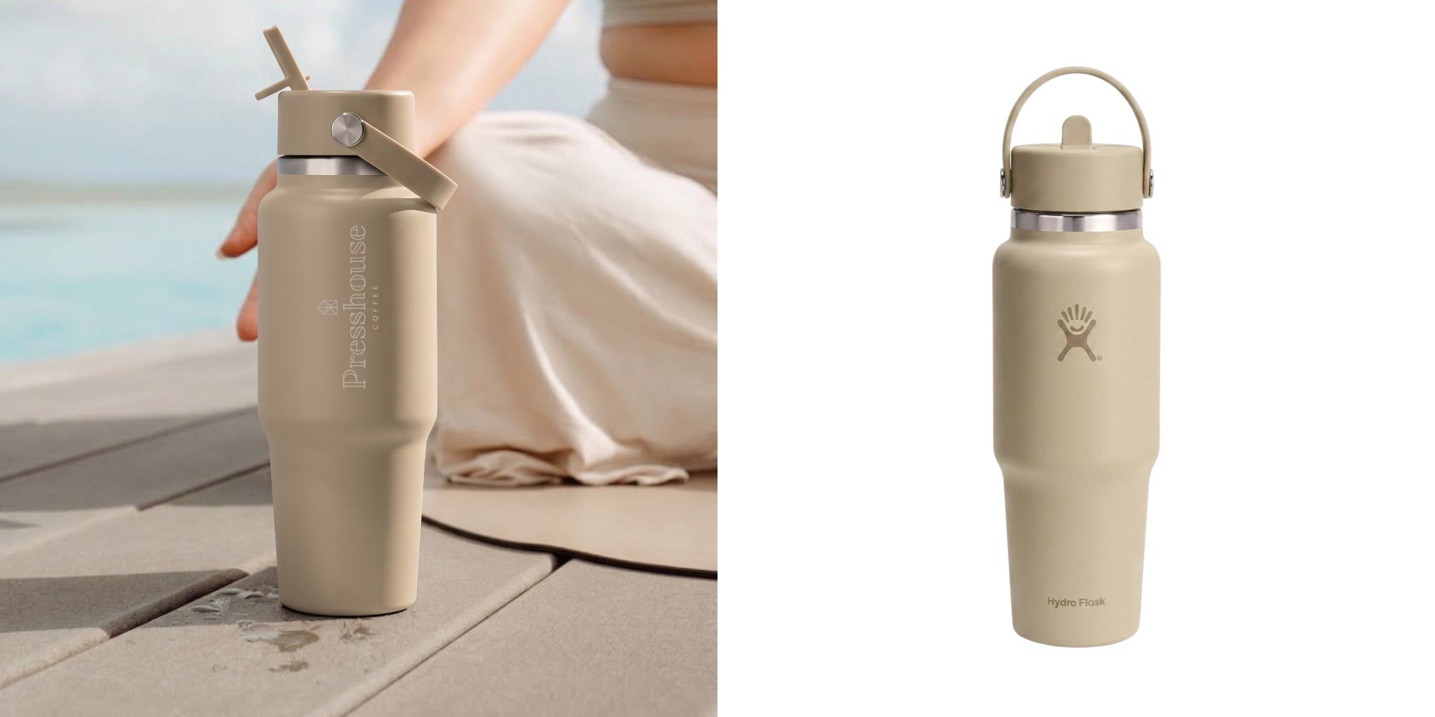 Close up of model outside holding a beige Hydro Flask wide flex straw travel bottle Presshouse Coffee logo on front beside a standalone product image.