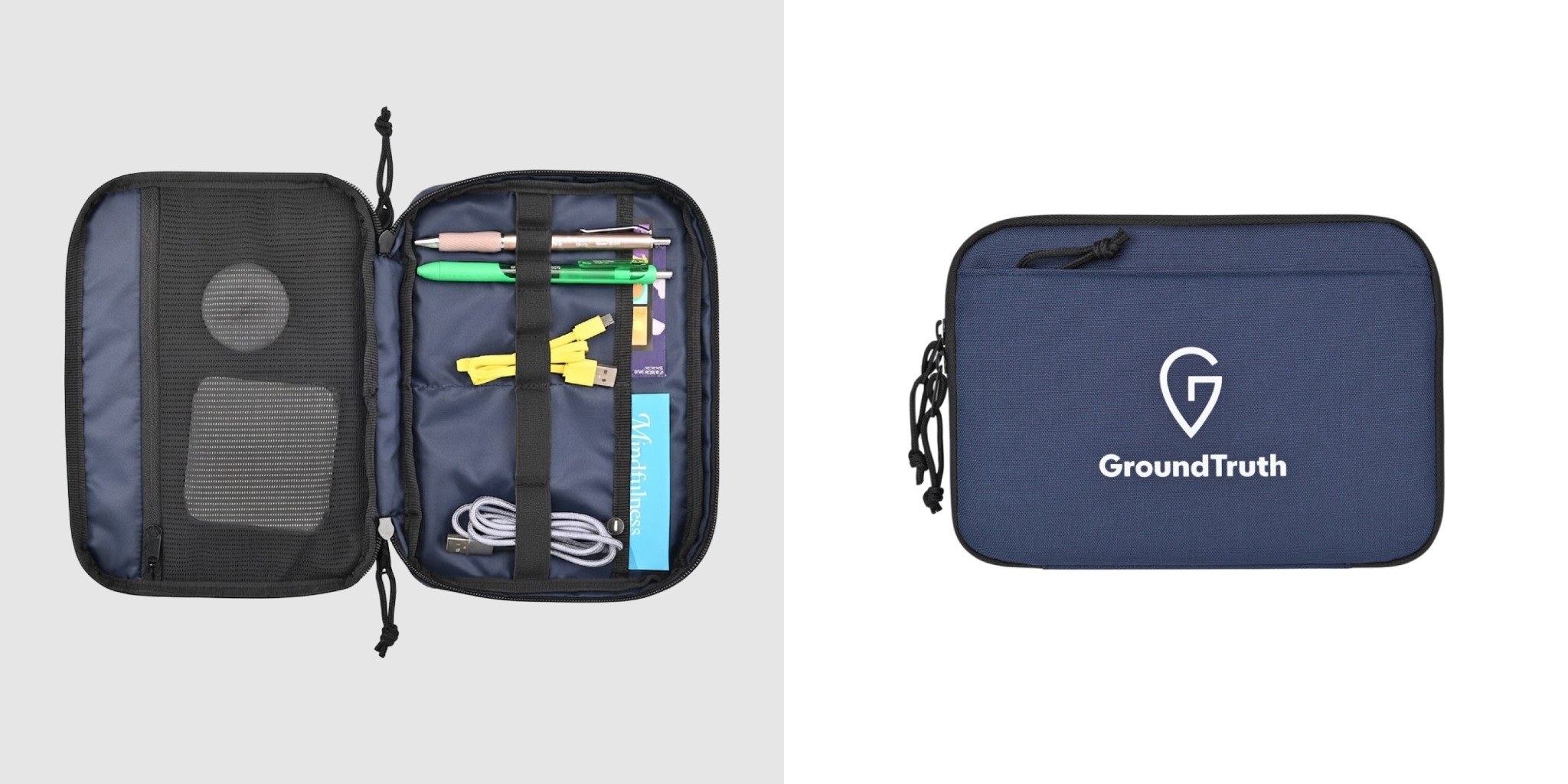 Open Renew Recycled rPET Slim Tech Organizer with cables and accessories beside the closed organizer featuring a GroundTruth logo.