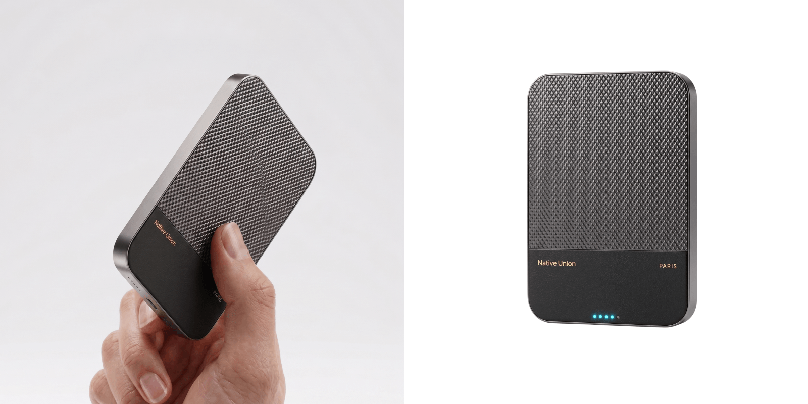 Native Union portable power bank held in hand beside a standalone product image.