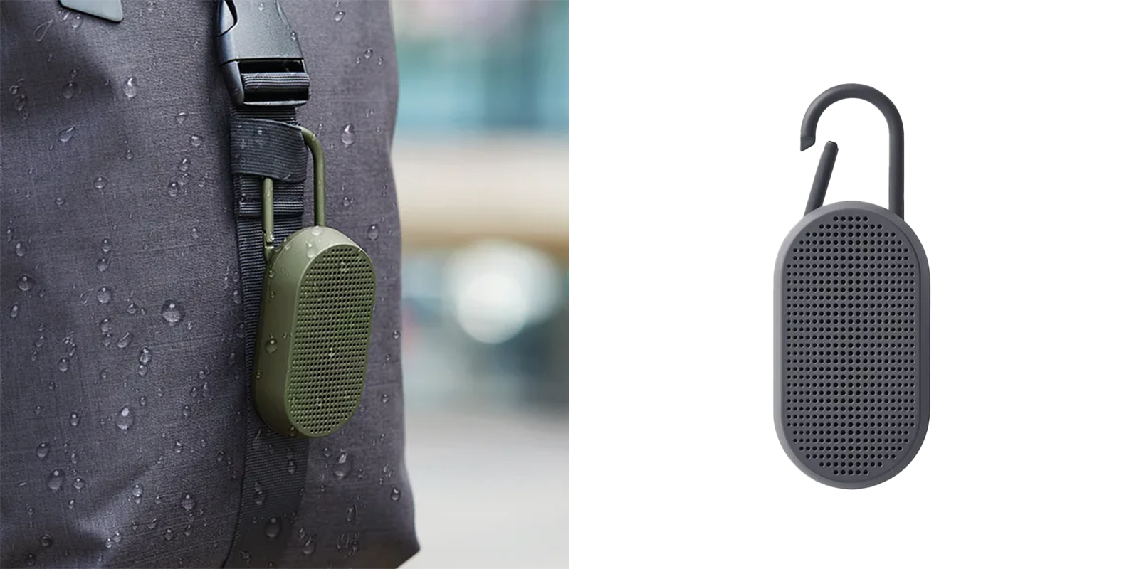Lexon Mino T portable speaker clipped to a backpack beside a standalone product image.
