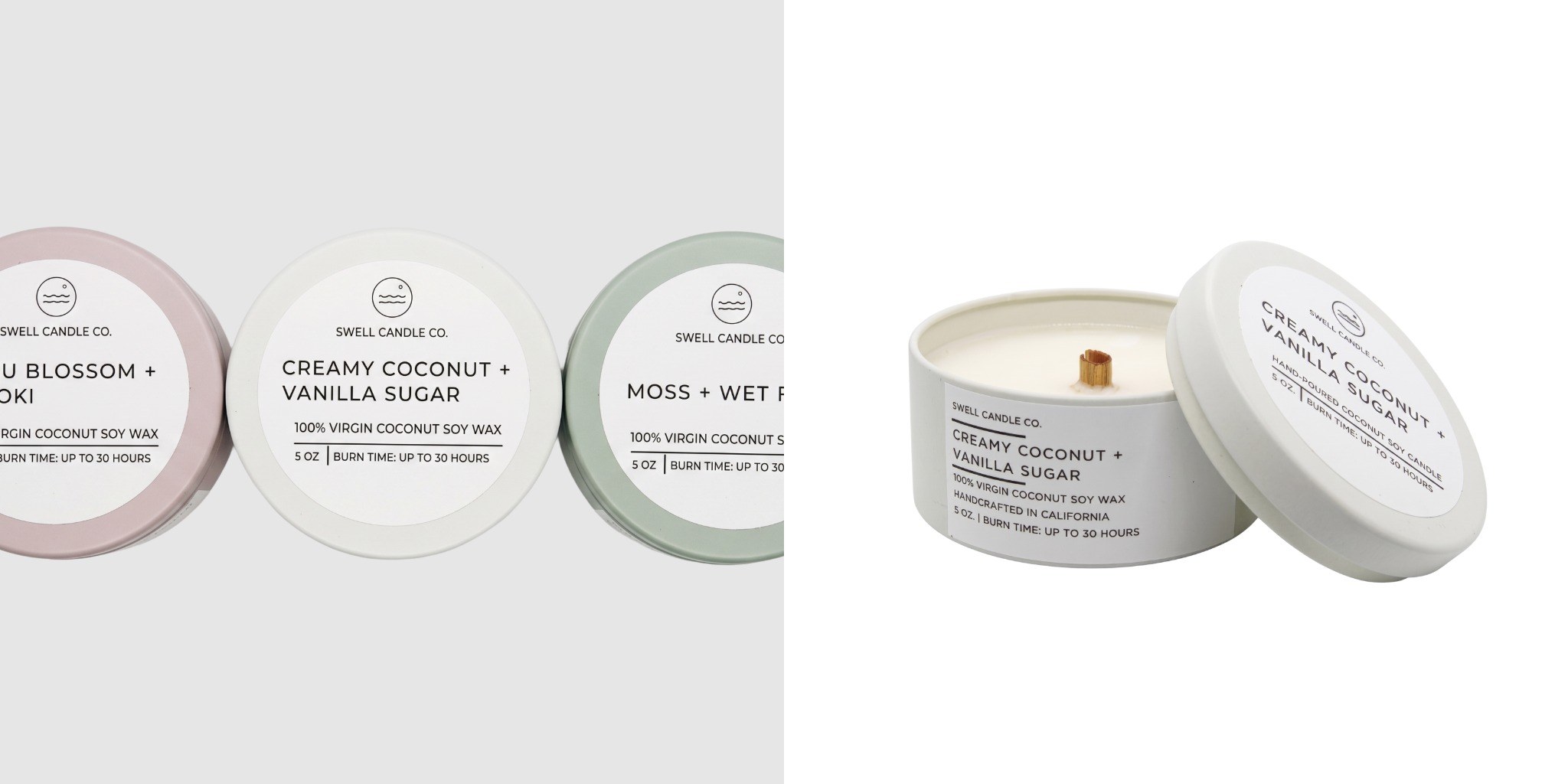 Swell Candle Co. candles in light pink, cream, and mint green beside an open Creamy Coconut + Vanilla Sugar candle in white tin.