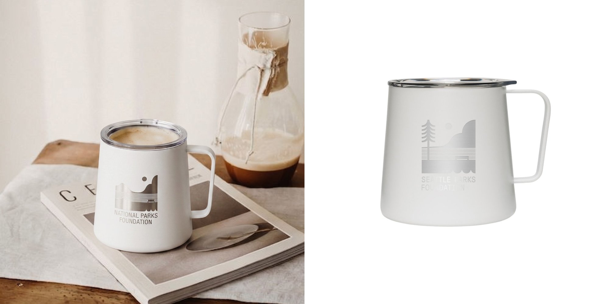 MiiR Camp Cup with National Parks Foundation logo beside a standalone white mug product