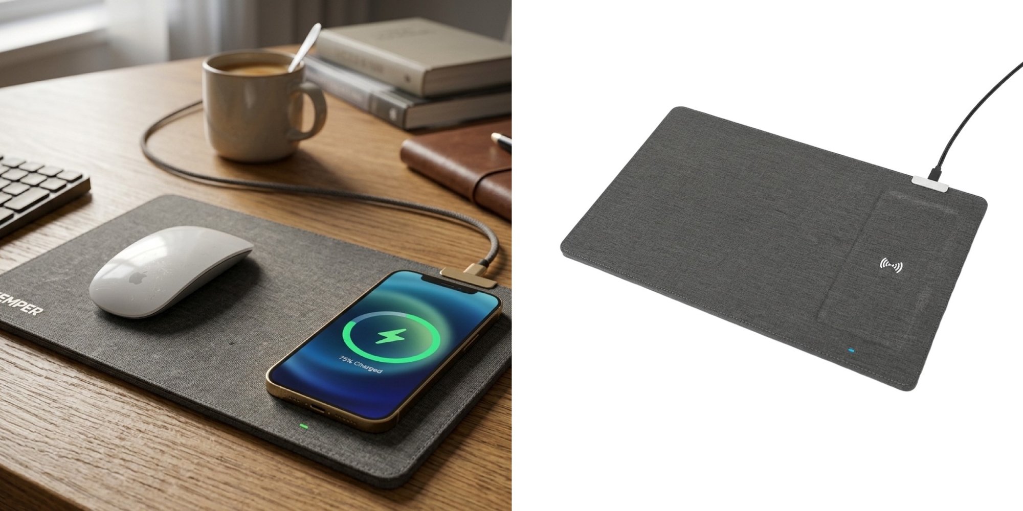 Eden Recycled Polyester Wireless Charging Mouse Pad shown charging a phone next to product shot