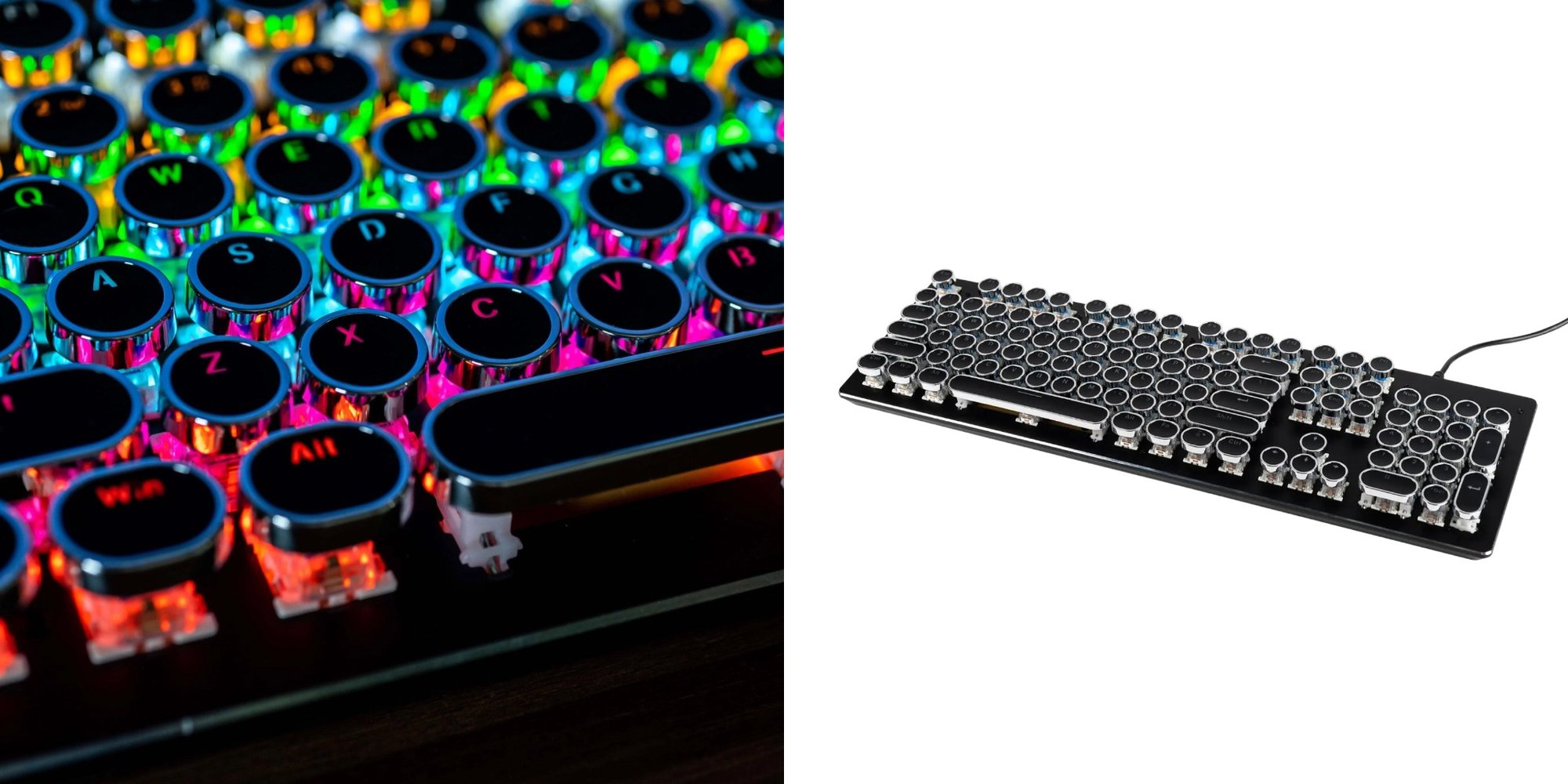 Mad Man LED Gaming Keyboard with colorful RGB backlit keys next to a full product view.