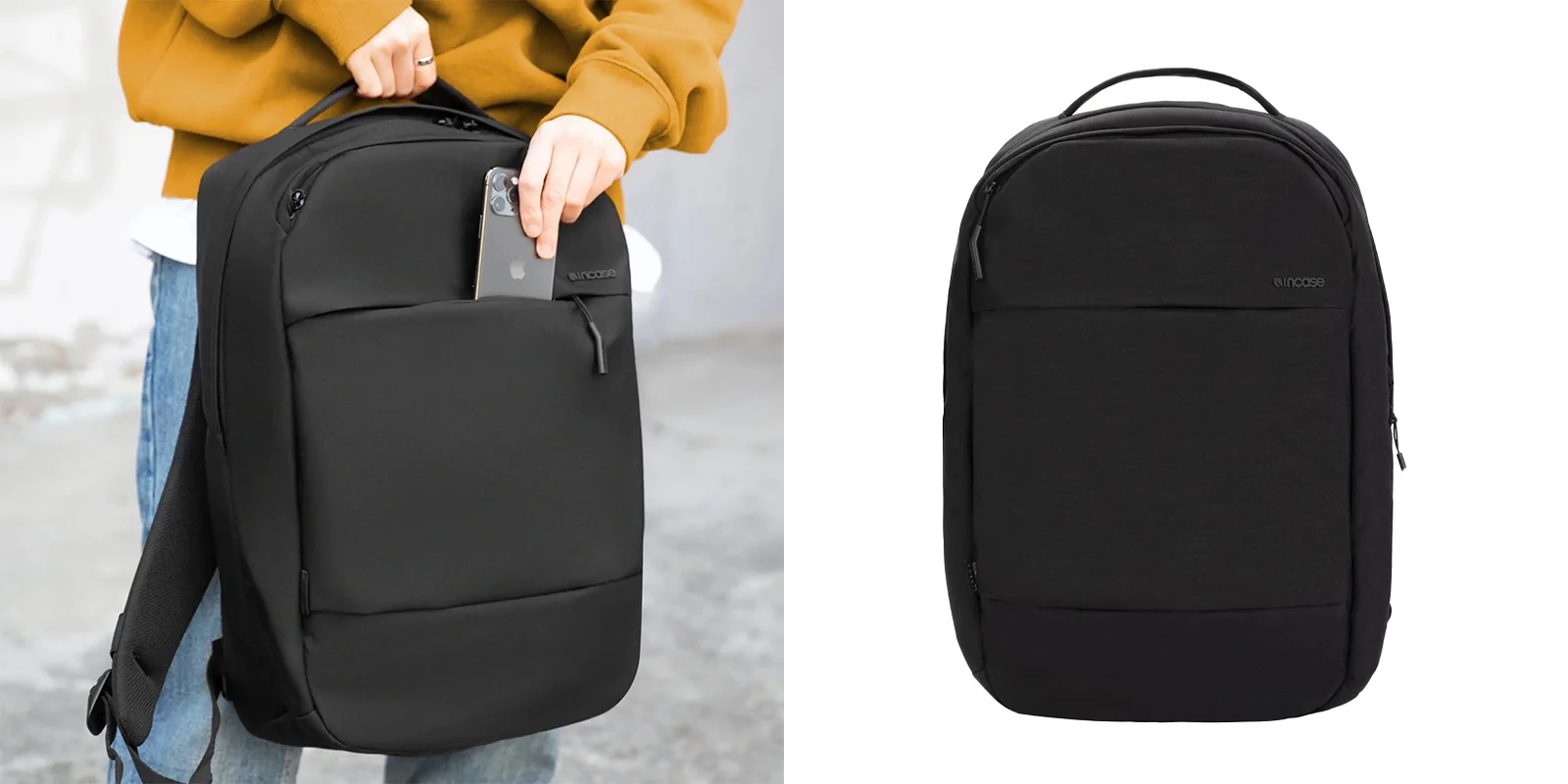 Incase City Compact Backpack shown on a person next to a front product view of the black backpack.