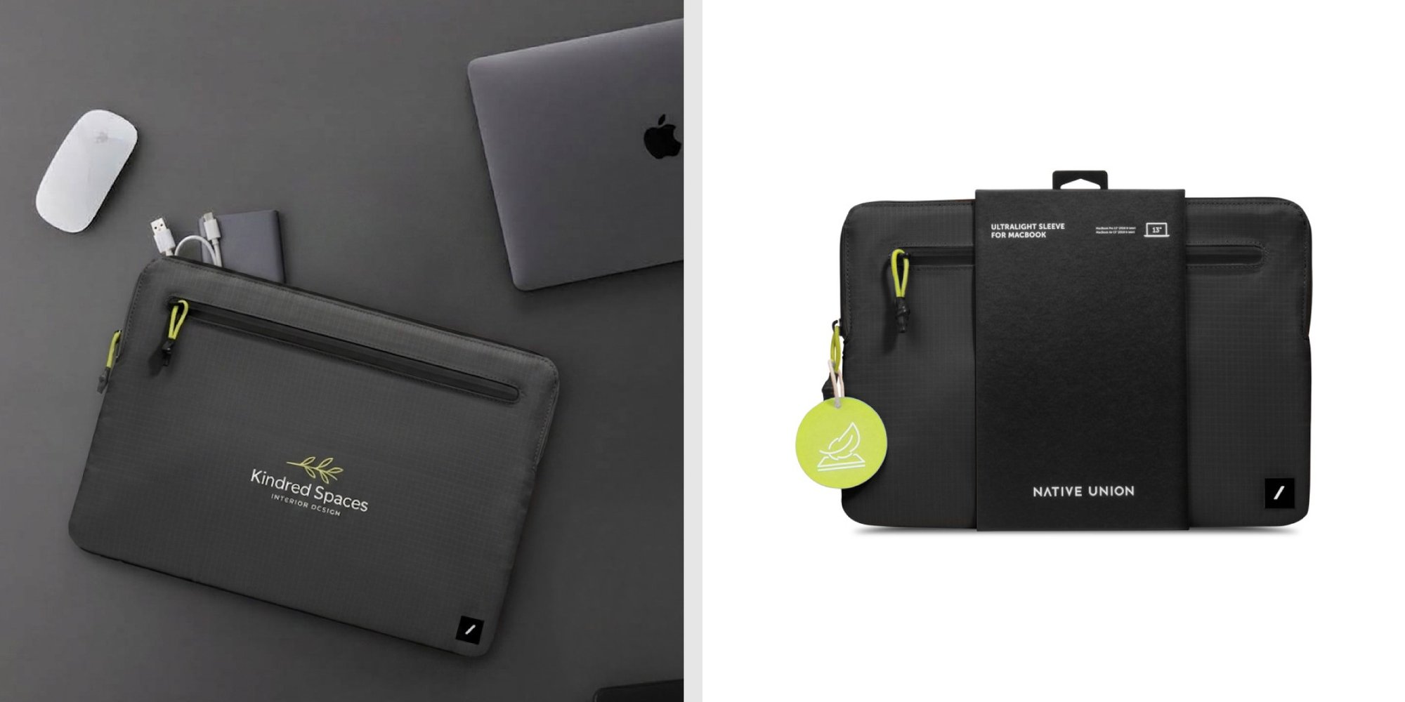 Native Union Ultralight Sleeve for MacBook shown with laptop accessories next to the packaged sleeve.