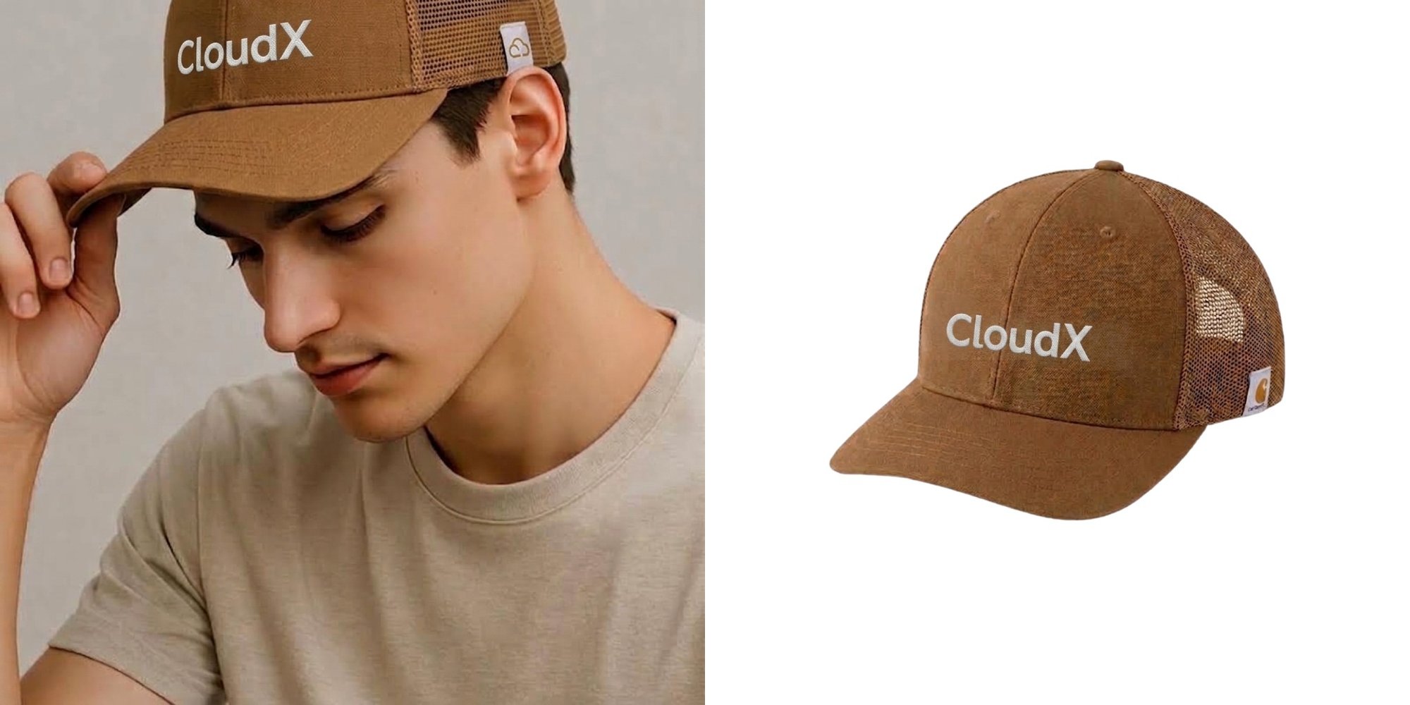 Carhartt Flexfit 110 Mesh Back Cap worn by a model next to a product view of the brown cap.