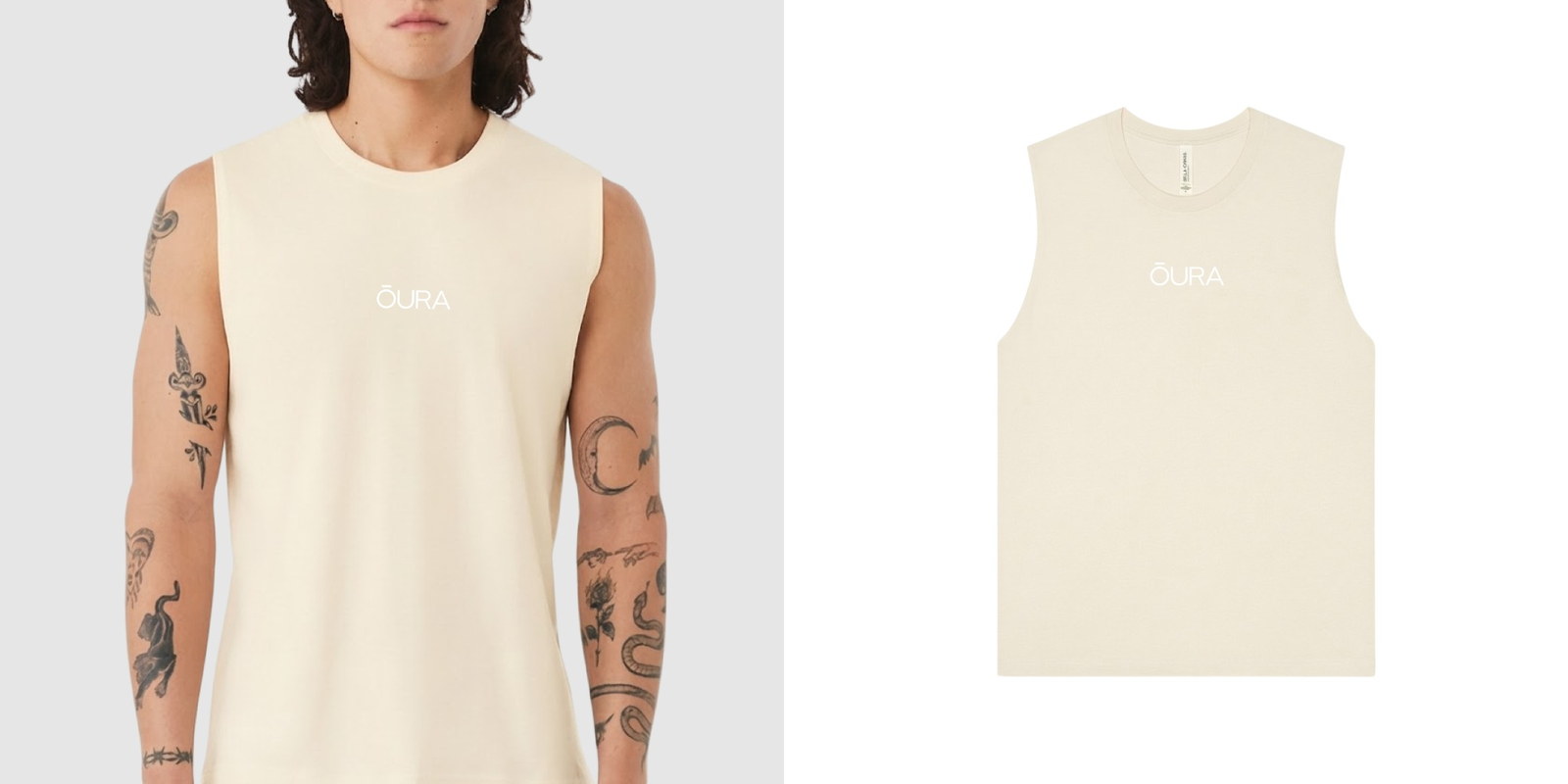 Model wearing cream BELLA+Canvas Muscle tee next to product image