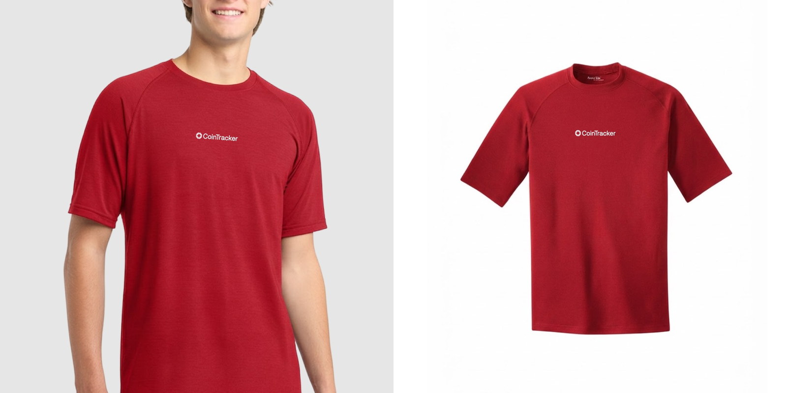 Model wearing a red Sport-Tek Ultimate Performance Crew next to a product view of the performance tee.