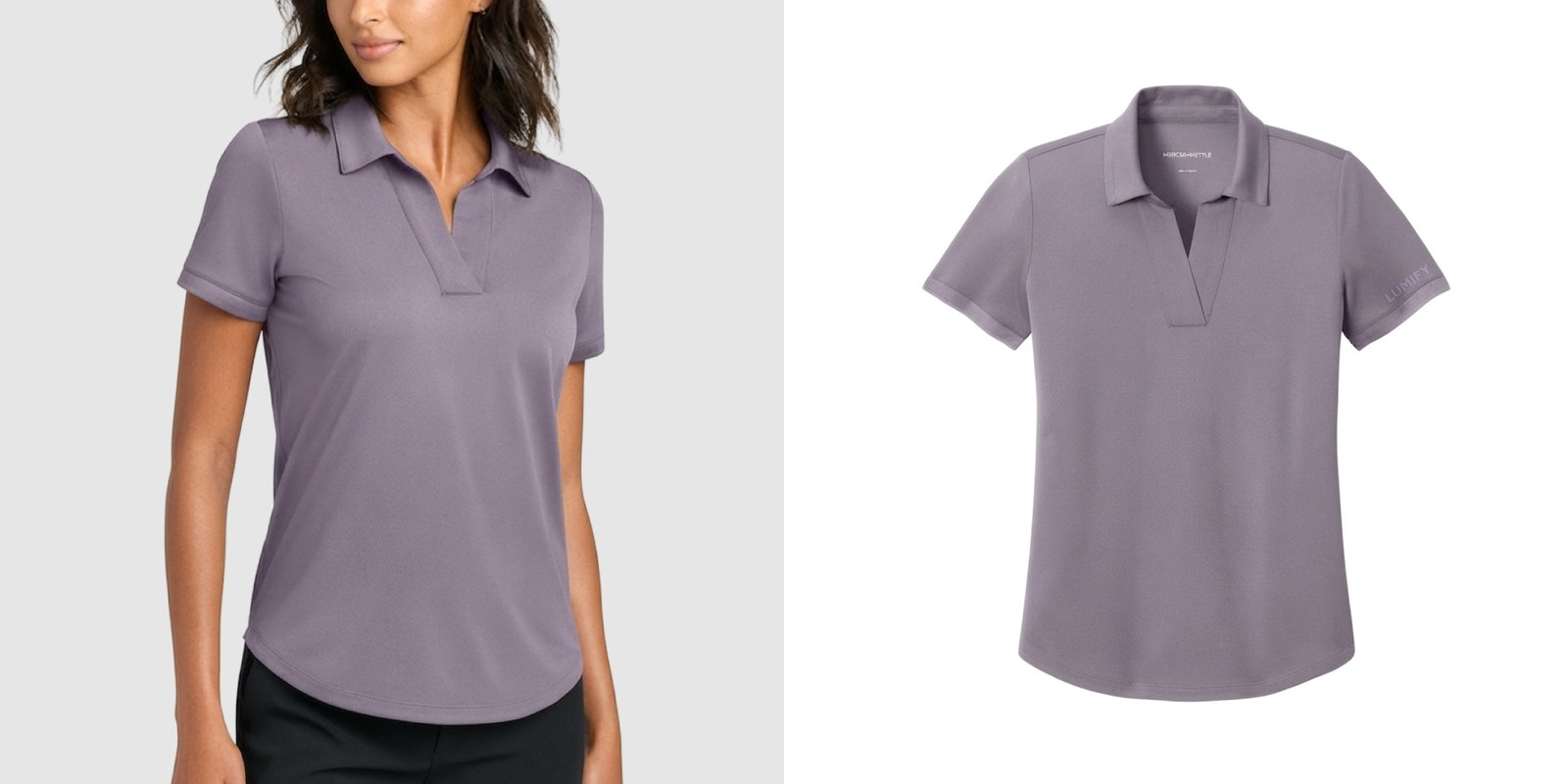 Model wearing a gray Mercer+Mettle Women’s Everyday Performance Polo next to a product view of the polo.
