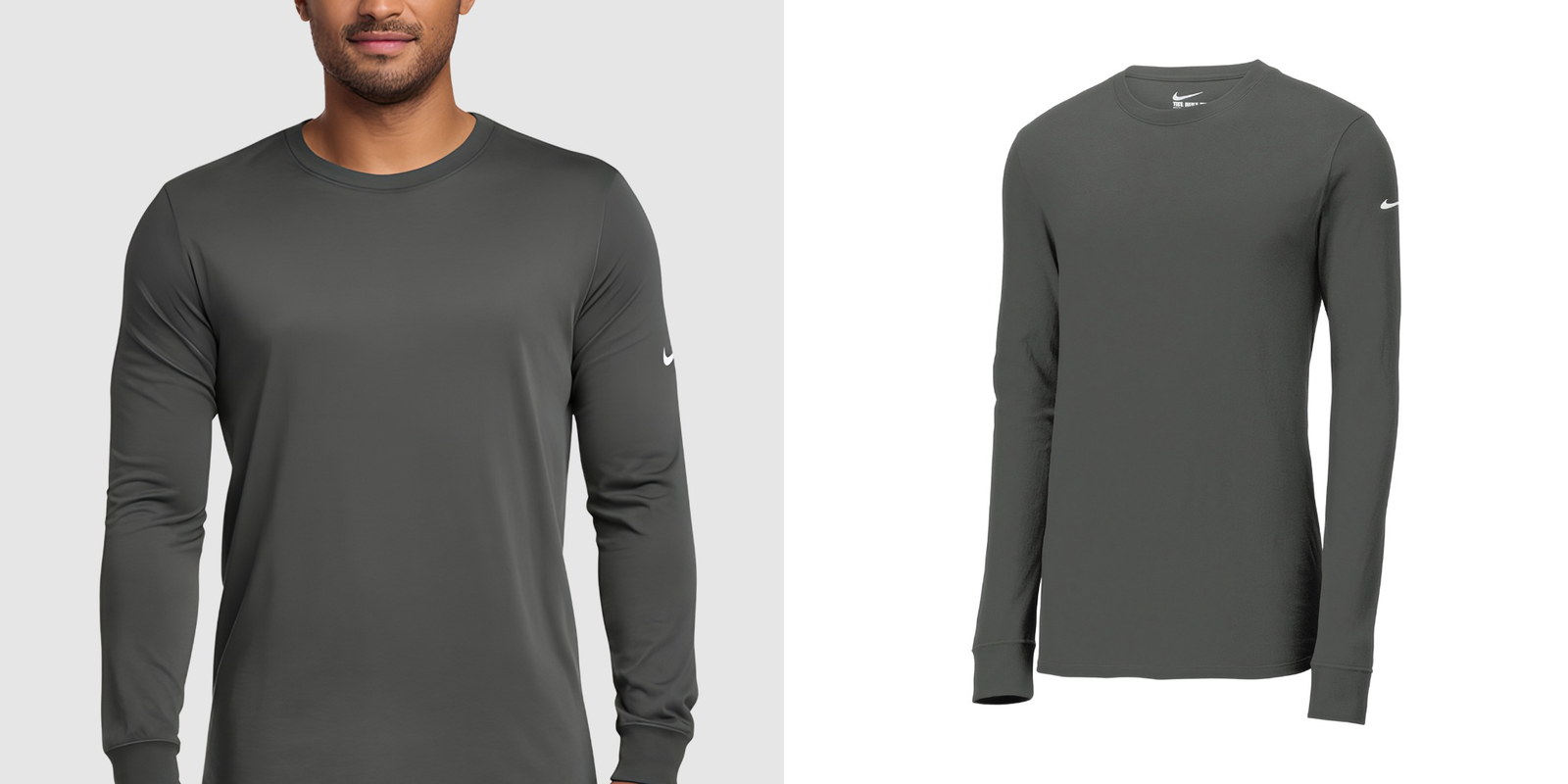 Model wearing a dark gray Nike Dri-FIT Long Sleeve Tee next to a product view of the shirt.