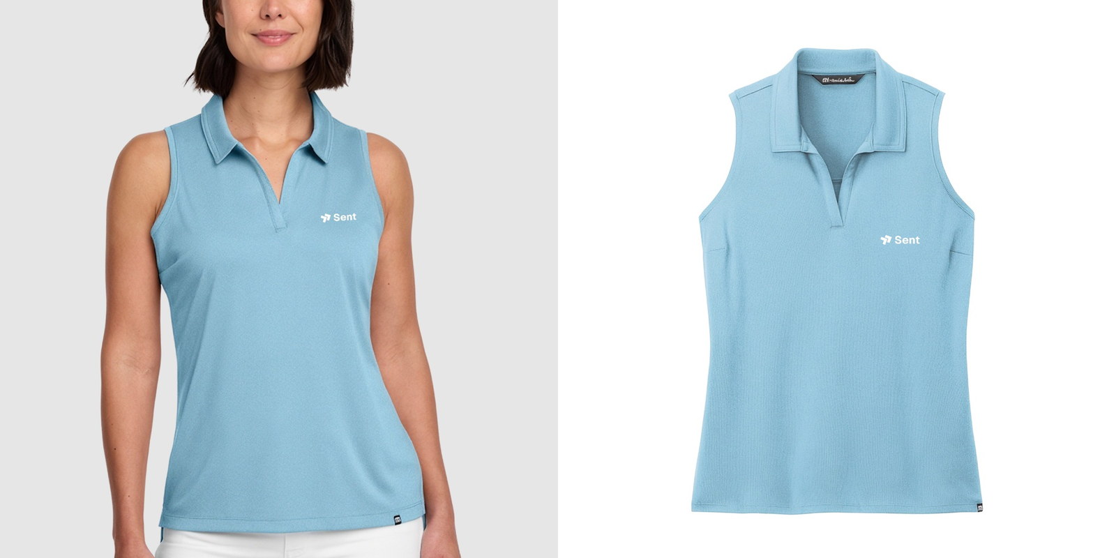 Model wearing a light blue TravisMathew Coto Performance Sleeveless Polo next to a product view of the polo.