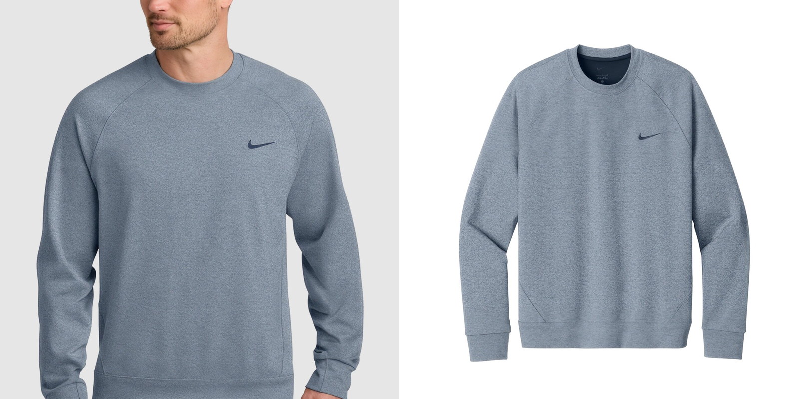 Model wearing a gray Nike Dri-FIT Primary Crew sweatshirt next to a product view of the crewneck.