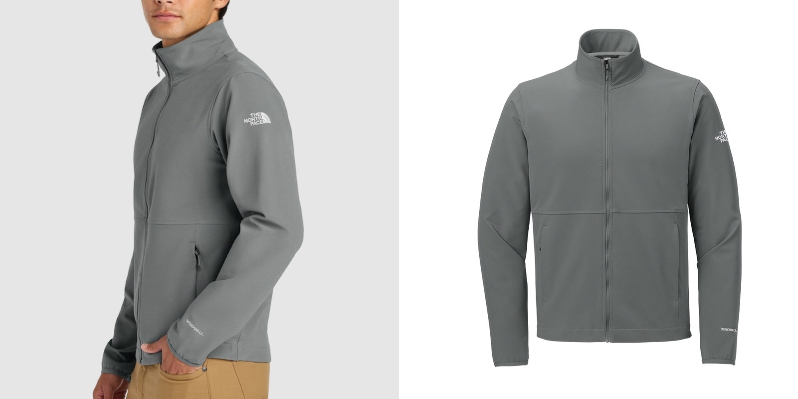 Model wearing a gray The North Face Edge Stretch Soft Shell Jacket next to a product view of the jacket.
