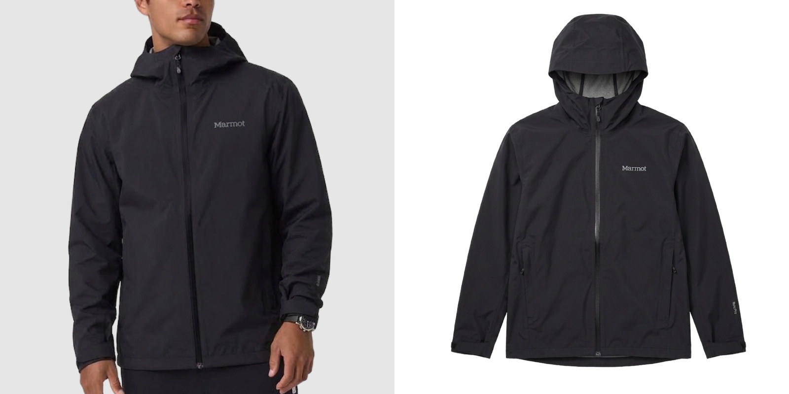 Model wearing a black Marmot PreCip Evo Flex Rain Jacket next to a product view of the jacket.