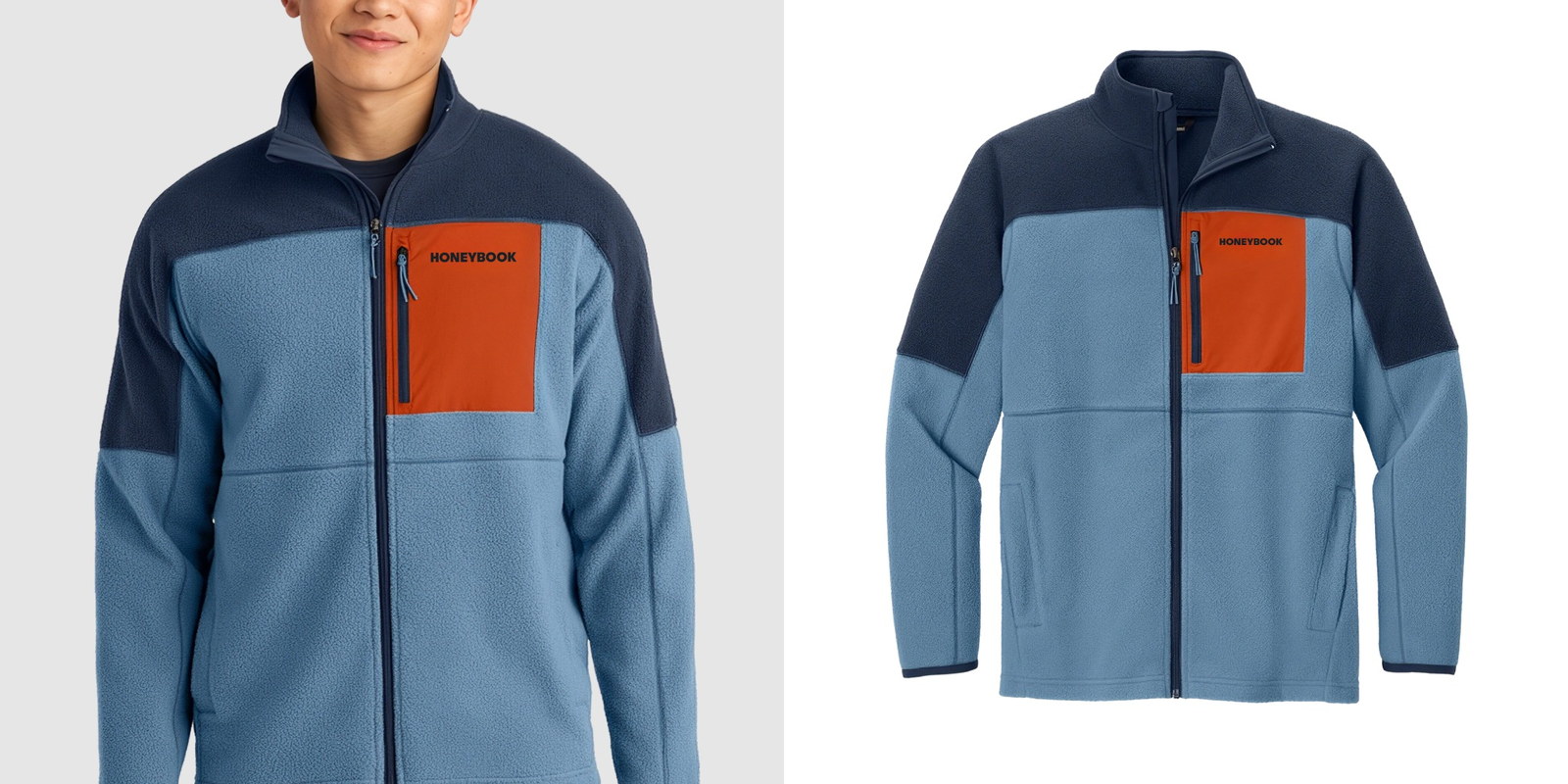 Model wearing a blue and orange Cotopaxi Abrazo Full-Zip Fleece Jacket next to a product view of the jacket.