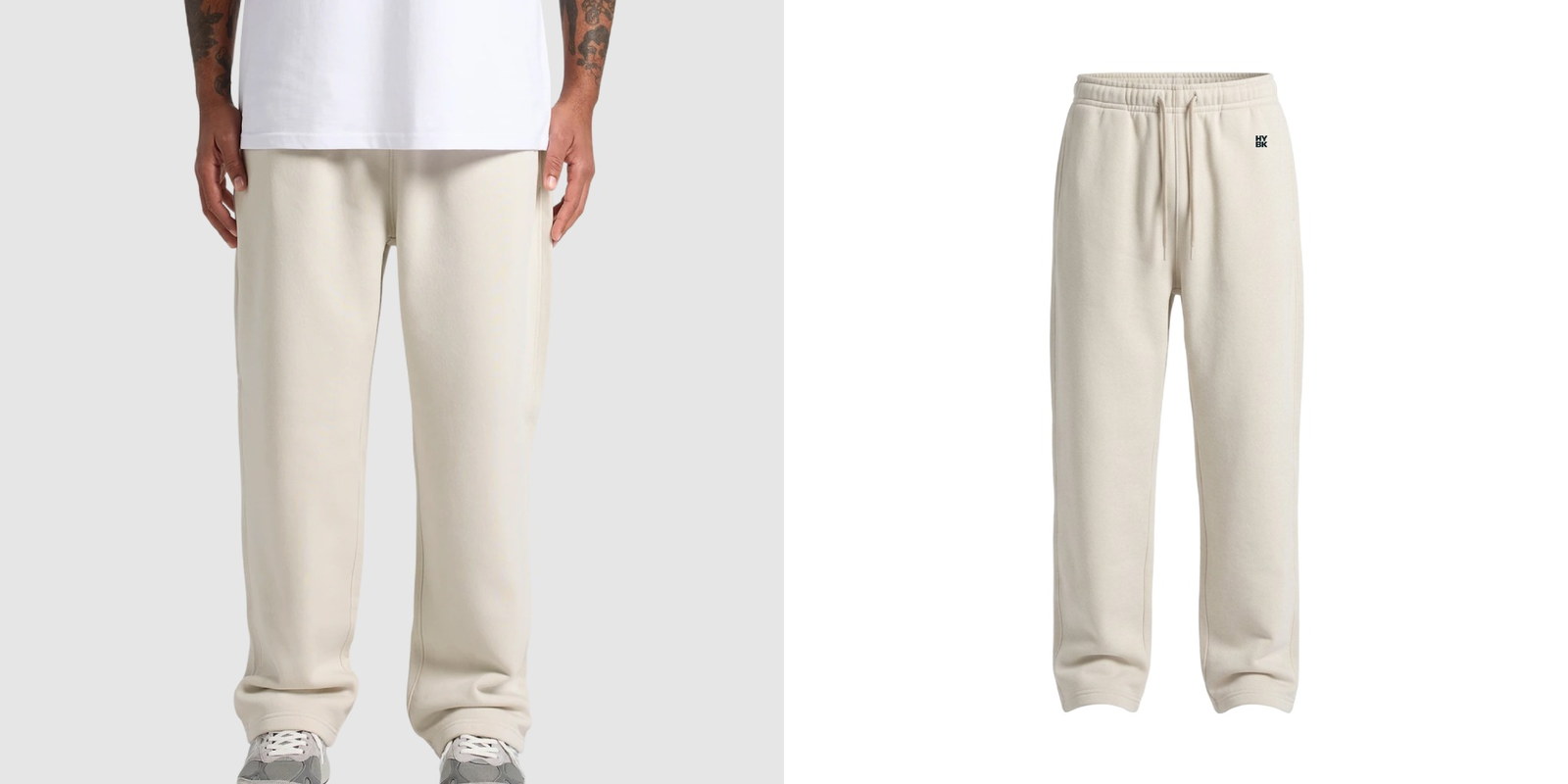 Model wearing cream AS Colour Relax Cuffless Track Pants next to a product view of the pants.