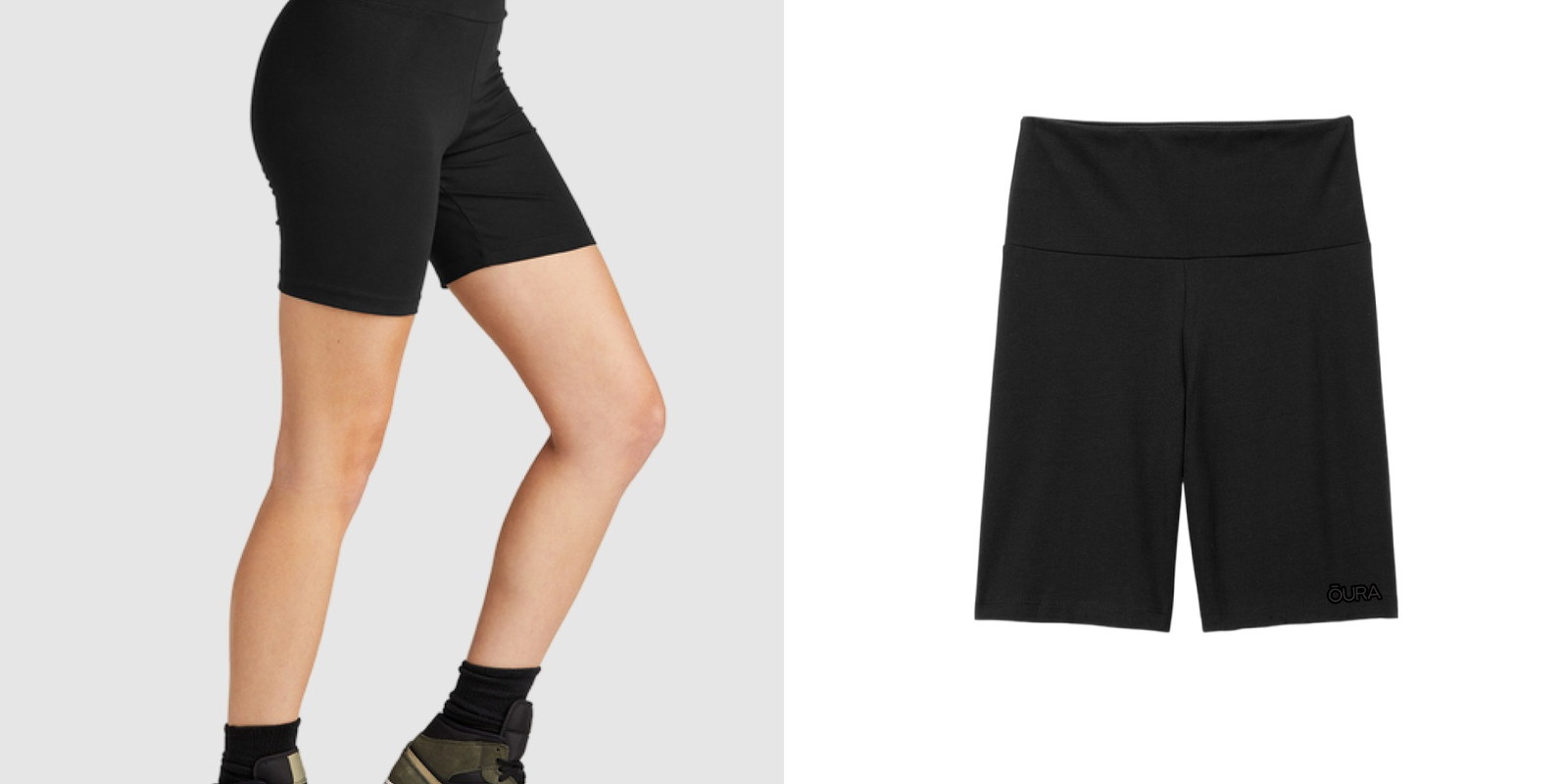 Model wearing black District Women’s Flex High-Waist Bike Shorts next to a product view of the shorts.