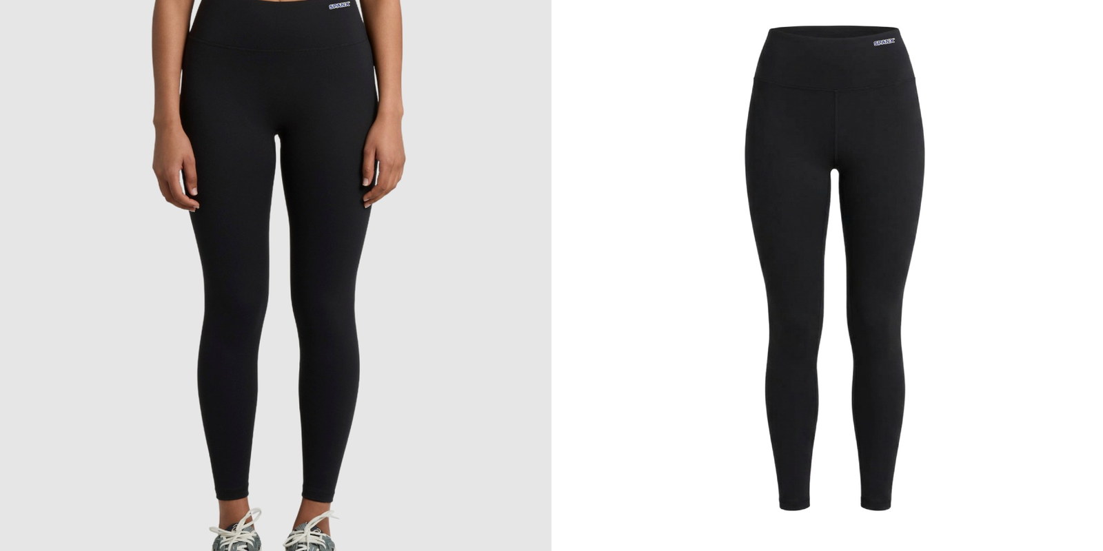 Model wearing black AS Colour Active Seamless Leggings next to a product view of the leggings.