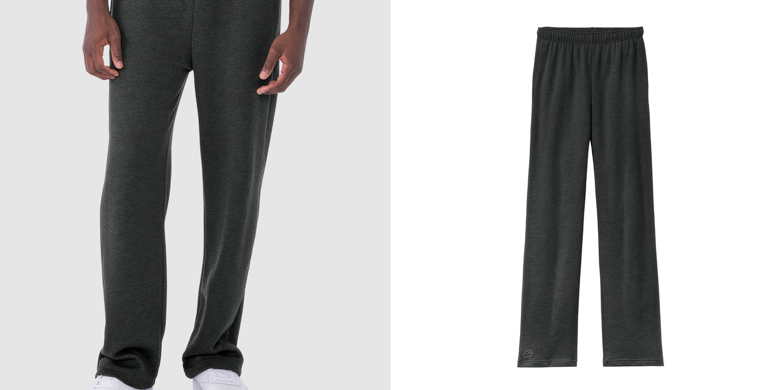 Model wearing black BELLA+CANVAS Straight Leg Sweatpants next to a product view of the sweatpants.