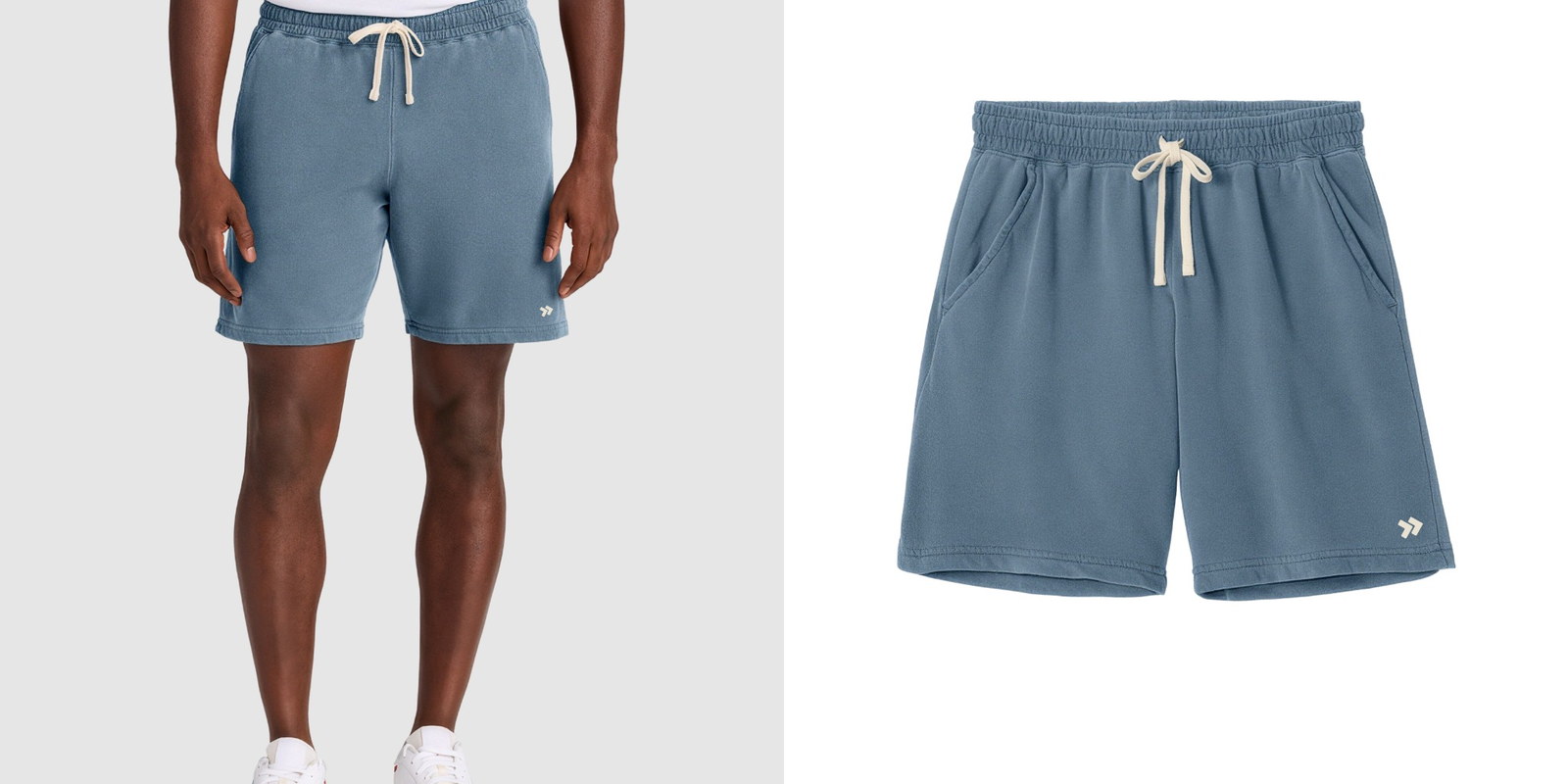 Model wearing light blue Comfort Colors Lightweight Sweatshorts next to a product view of the shorts.