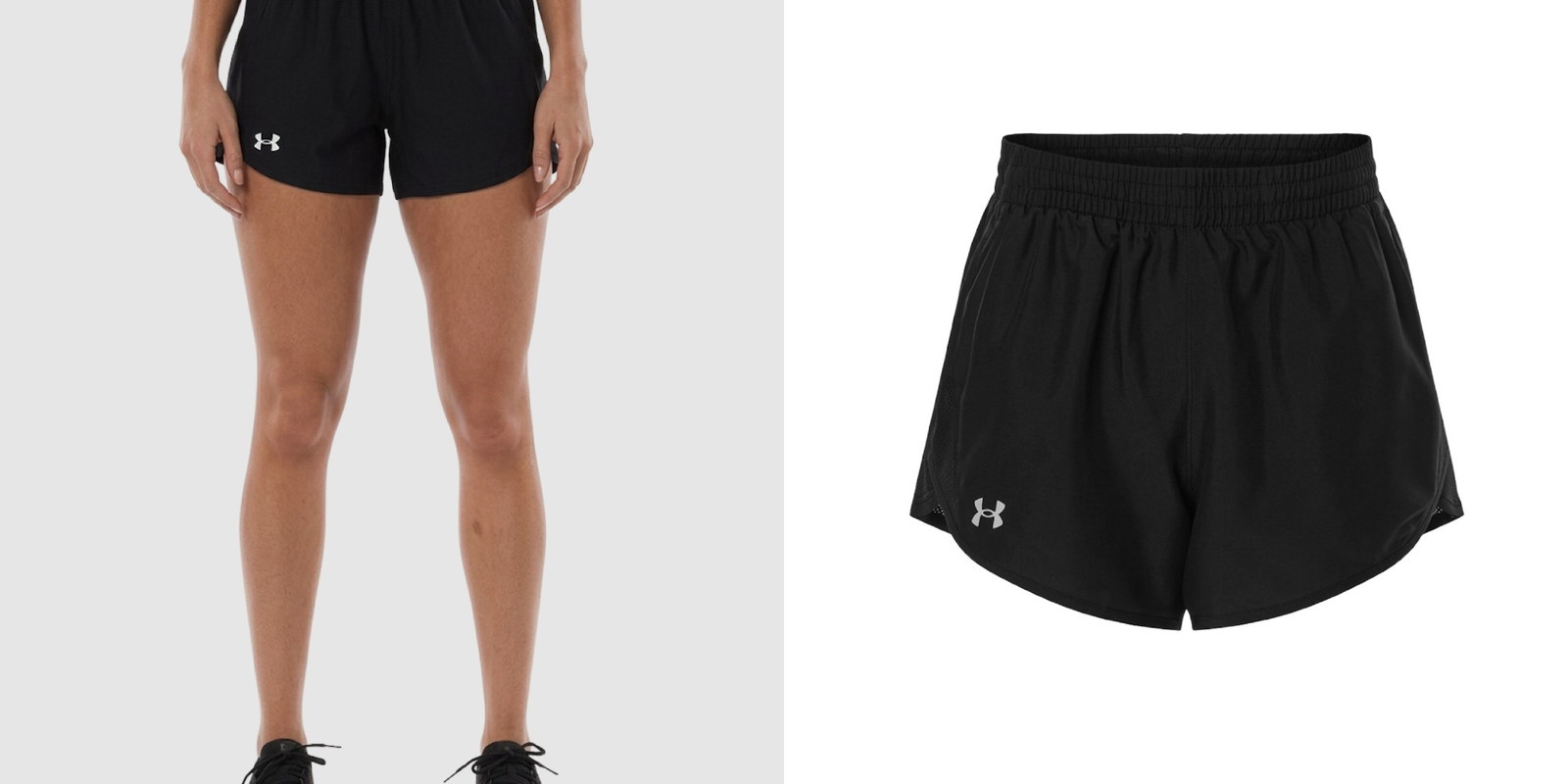 Model wearing black Under Armour Women’s Fly-By Running Shorts next to a product view of the shorts.