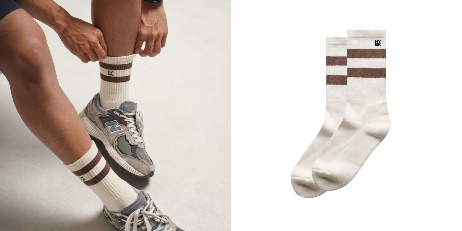 Model wearing cream AS Colour Relax Stripe Socks next to a product view of the striped socks.