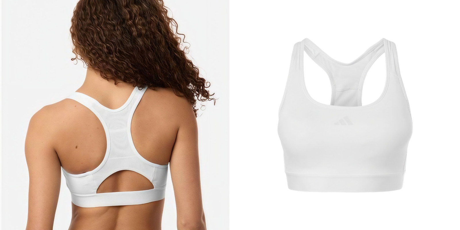 Model wearing a white adidas Techfit Compression Racerback Sports Bra next to a product view of the sports bra.