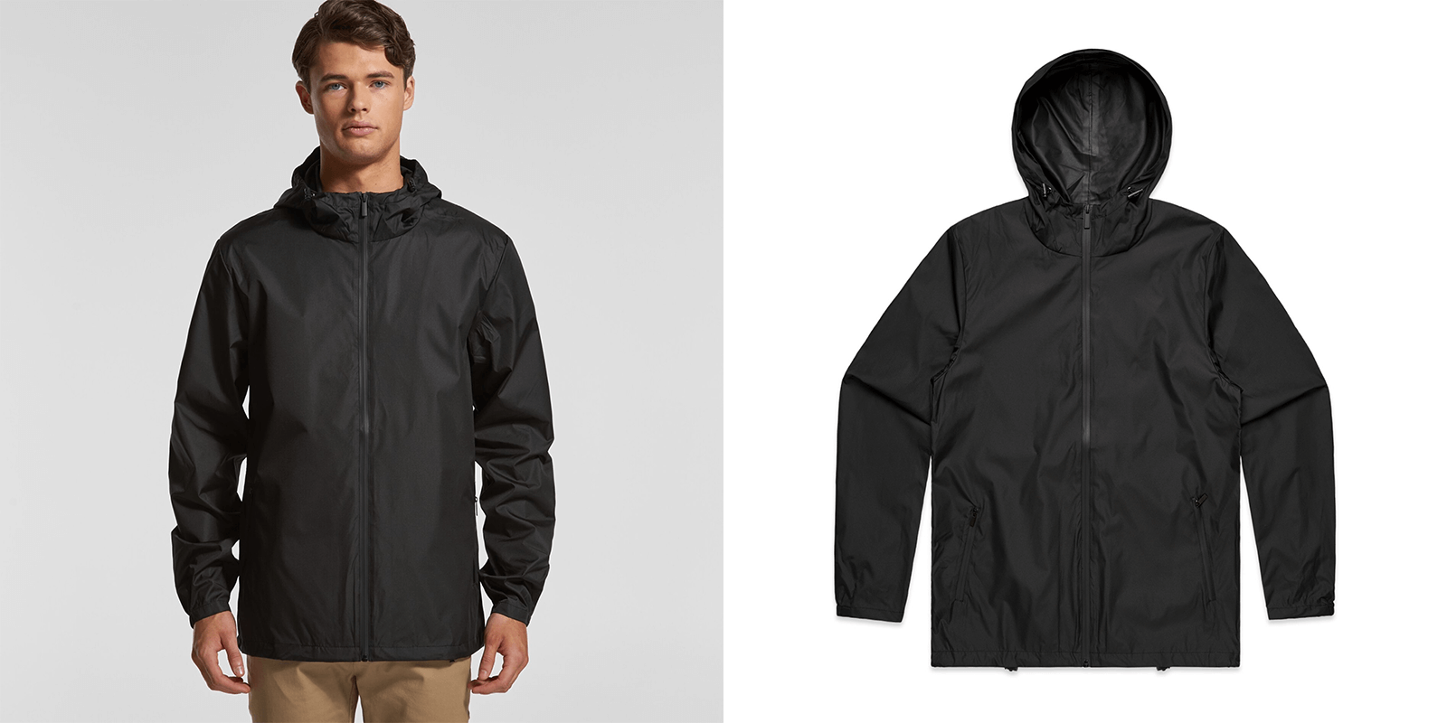 Model wearing black hooded zip jacket next to product.