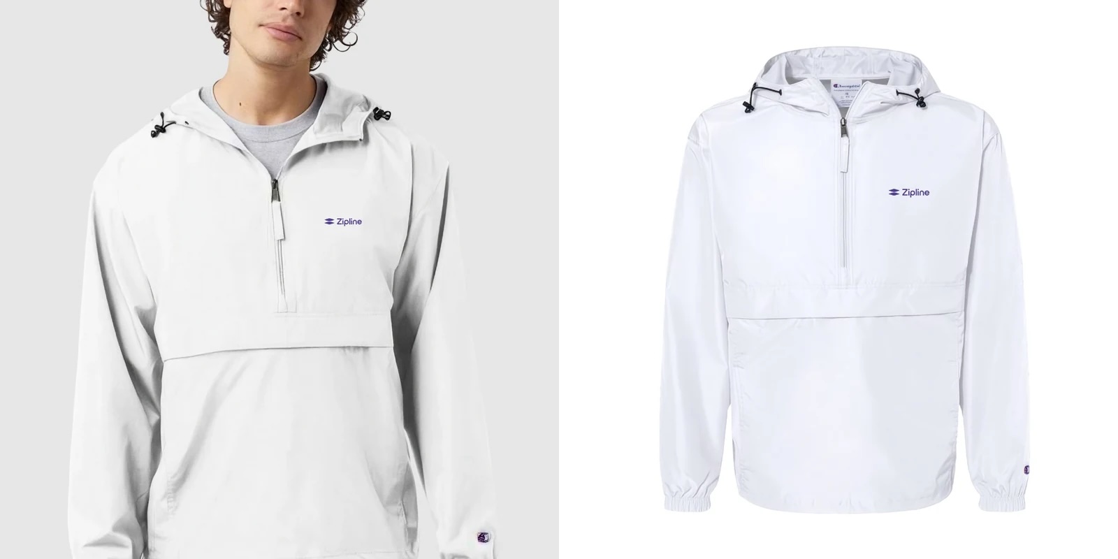 Model wearing white Champion hooded pullover jacket next to product.