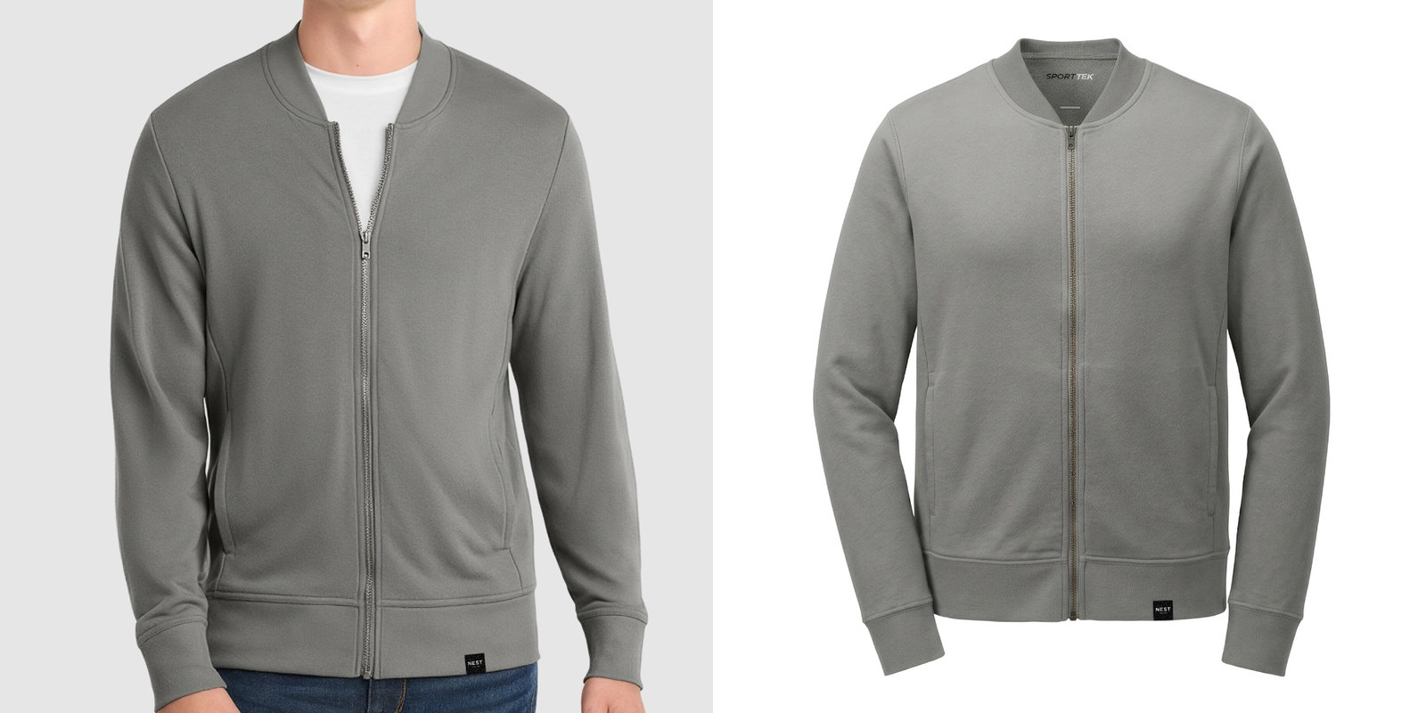 Model wearing gray zip bomber jacket next to product.