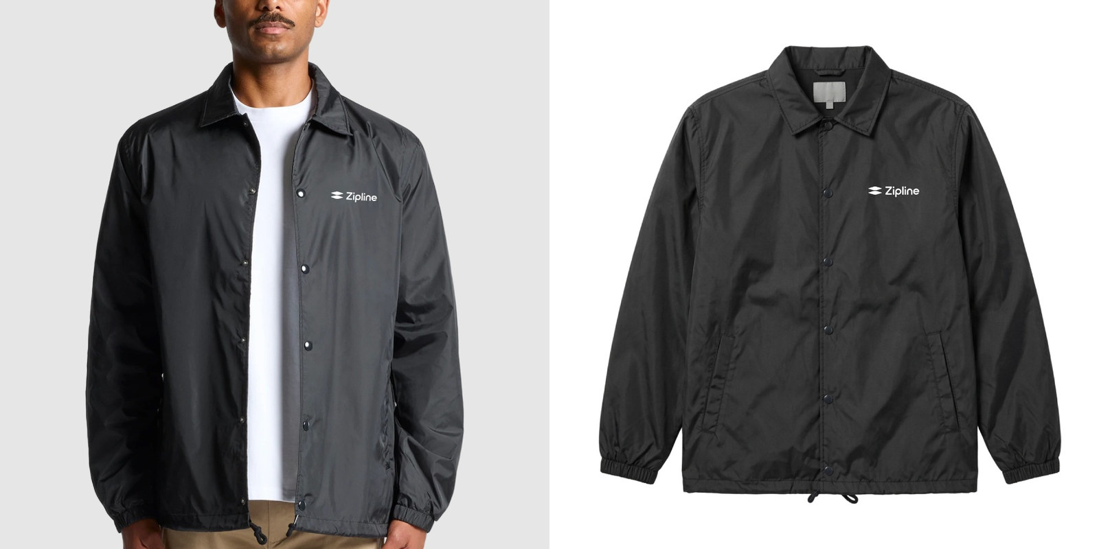 Model wearing black zip up bomber jacket next to product with Zipline logo.