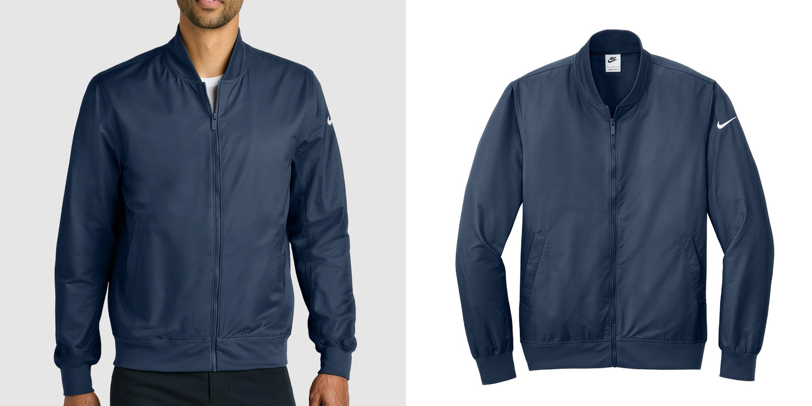 Model wearing navy Nike bomber jacket next to product