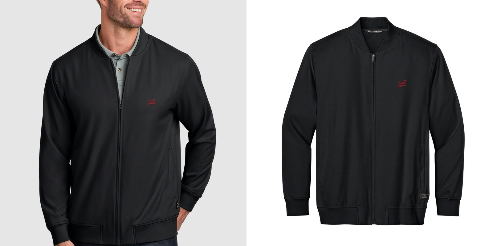 Model wearing black bomber jacket next to product.